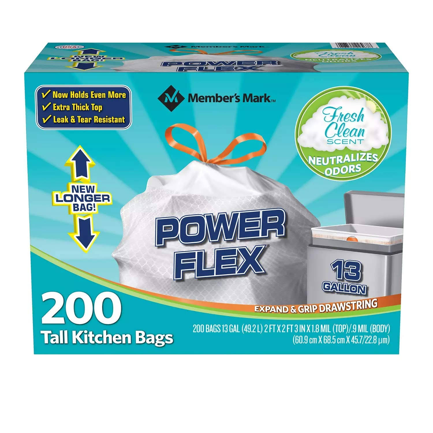 Members Mark 13 Gal Power Flex, Leak Protection, Tall Kitchen Simple Fit Drawstring Bags (1-Pack, Fresh Clean Scent)