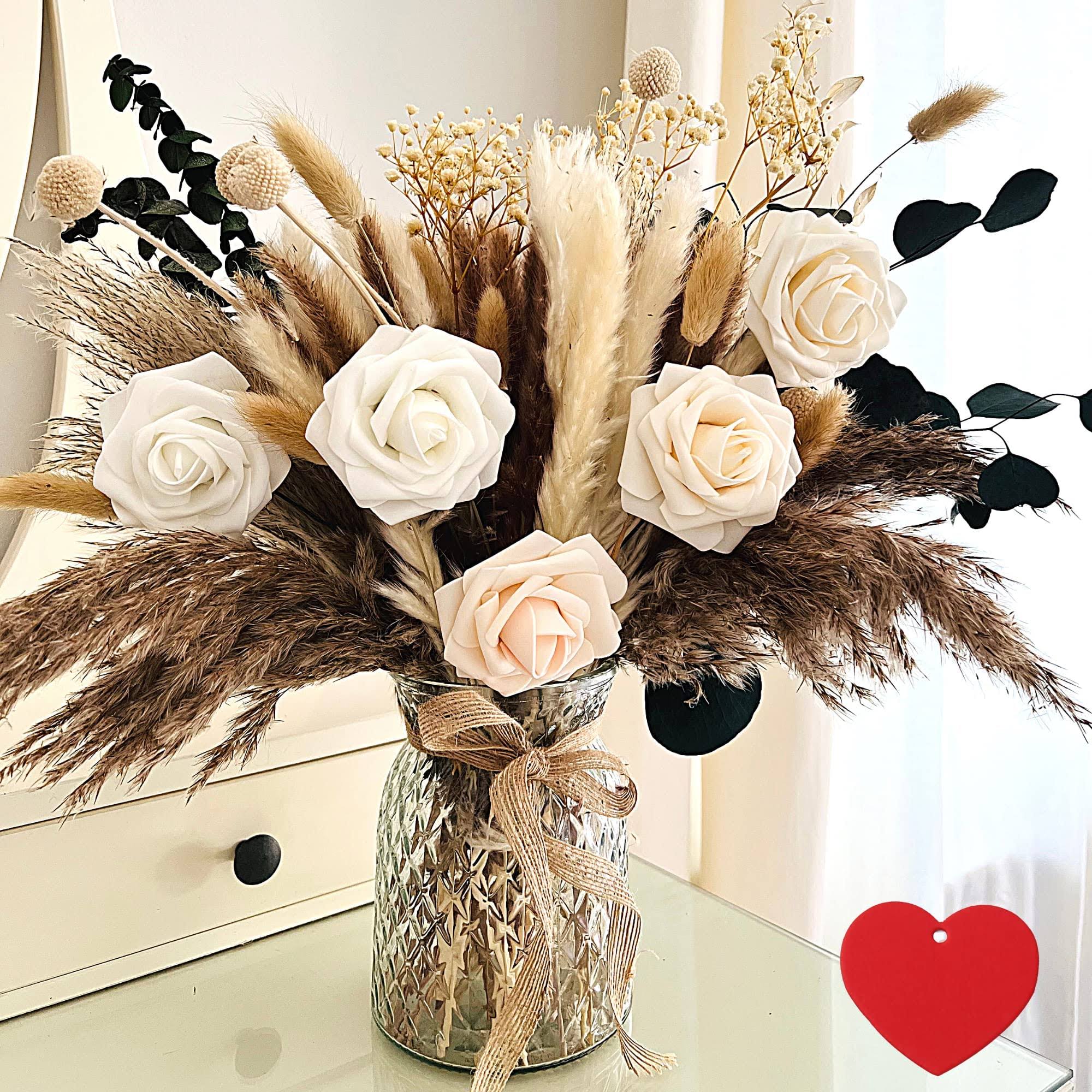 RyddeligHome 100pcs Artificial Flower Arrangements with Vase, Pampas Grass with Vase Included for Dining Table Centerpiece, Floral Centerpieces Coffee