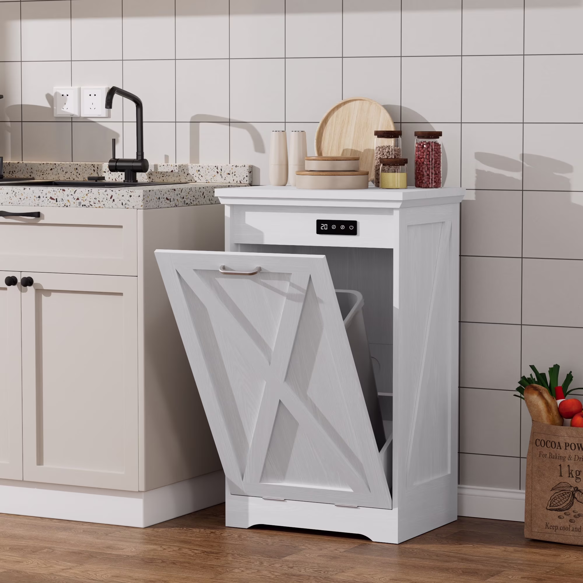 Double Tilt Out Trash Cabinet, Wooden Free Standing Laundry Sorter Cabinet, with Hideaway Drawer, White(White/20 gal) - Image 3