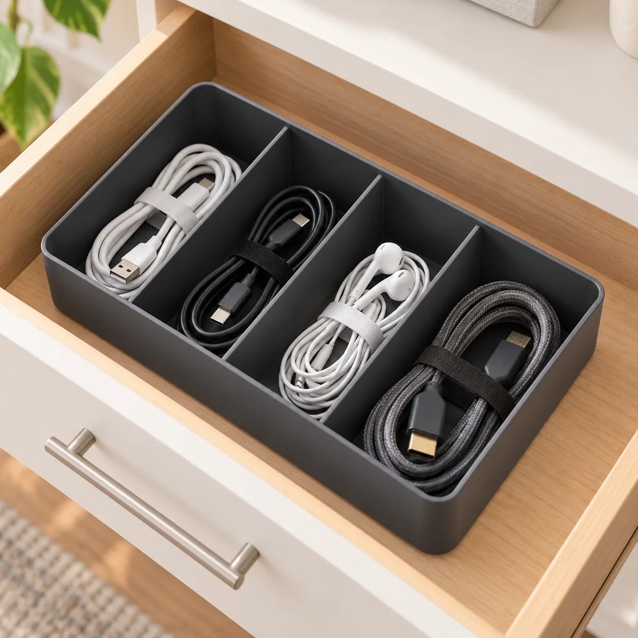 Charcoal Cable Storage Tray with Removable Dividers