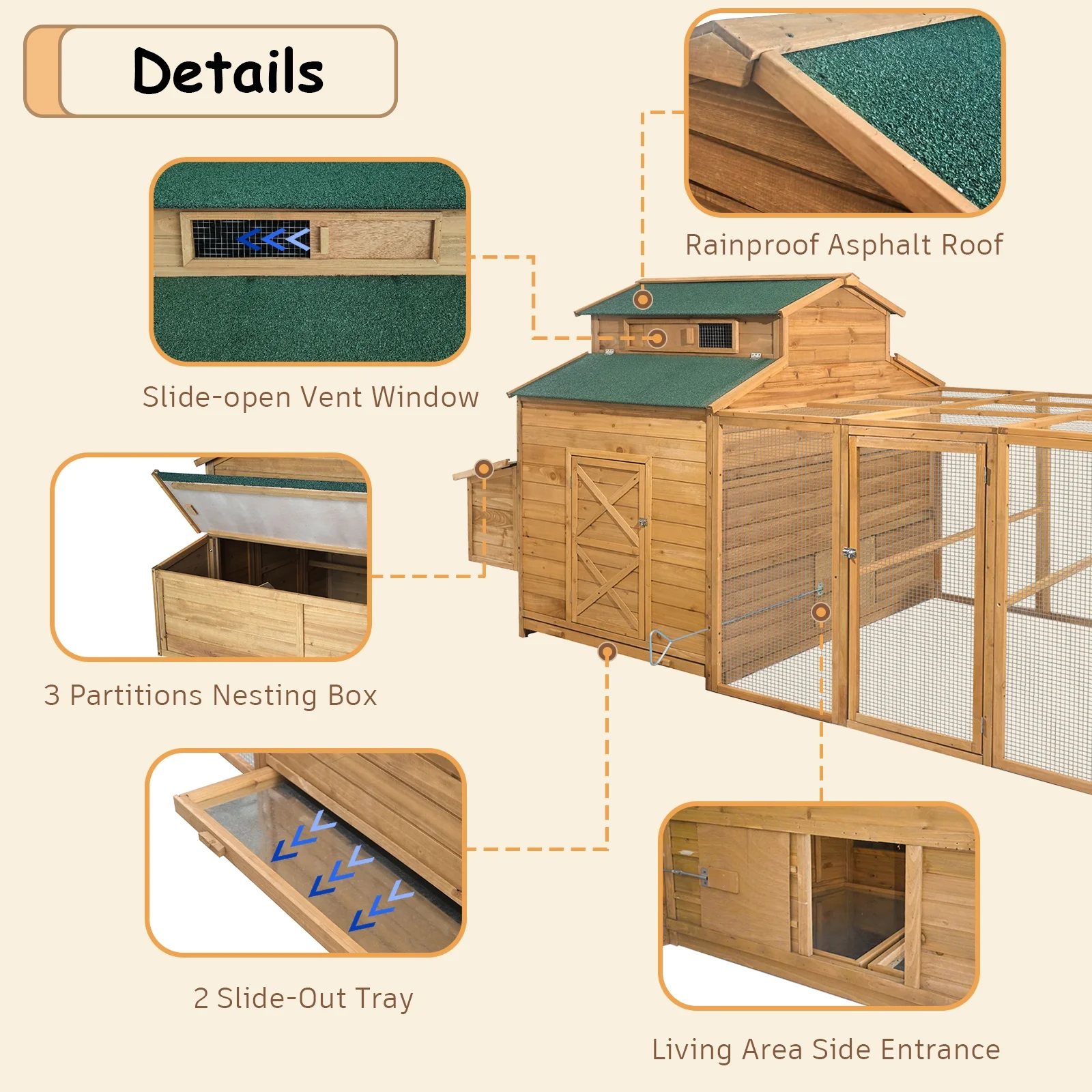 Chicken Coop for 6-10 Chickens, 112" Large Chicken Coops, with Chicken Run Nesting Box Secure Enclosure, Outdoor Wooden Hen House Hutch for Rabbit, Poultry Pet, Duck(Gray) - Image 10