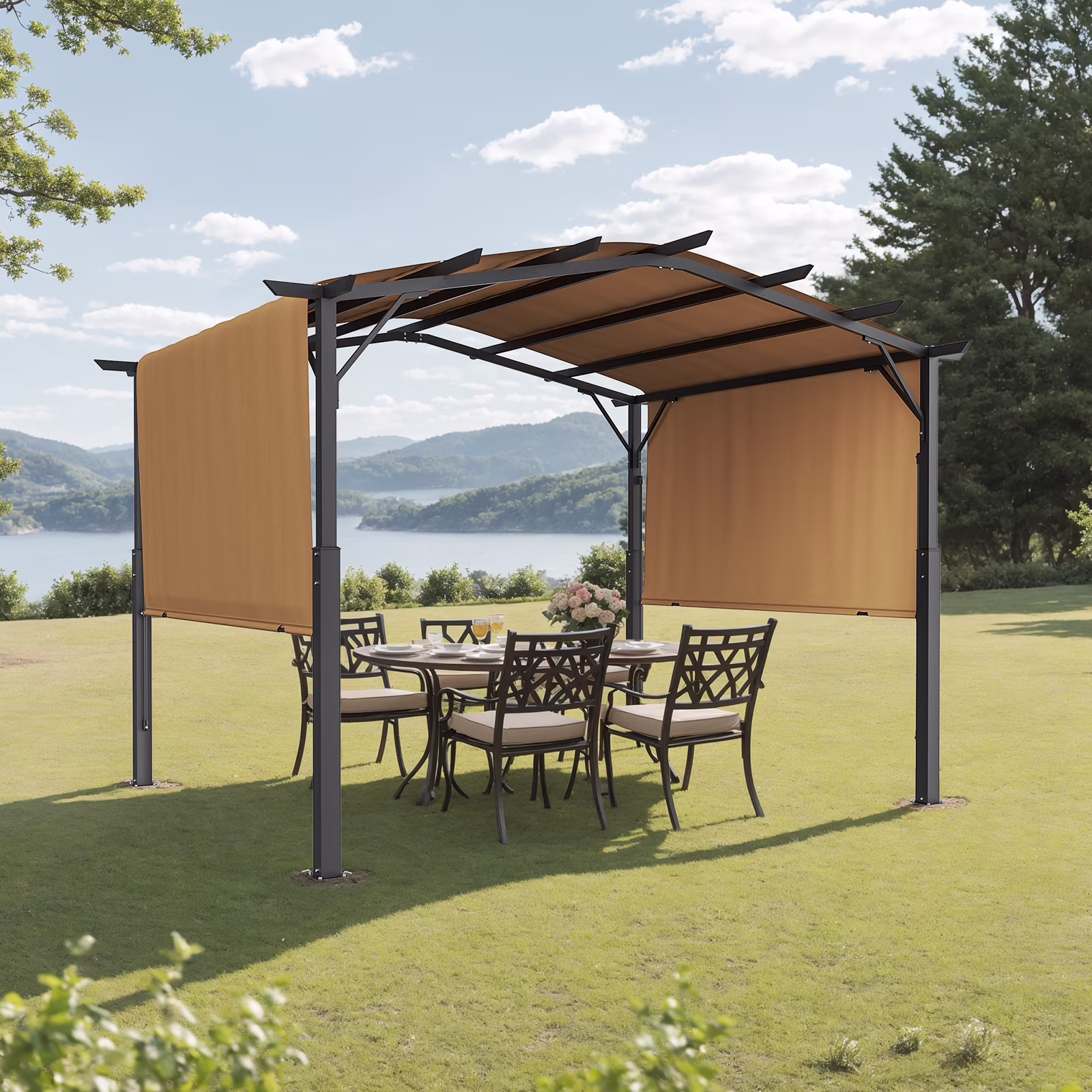 KFFKFF 10 x 10 ft Exterior Pergola, Curved Roof Metal Pergola, Pull-back Pergola featuring Sun Shade Canopy, Spacious Patio Cover Pavilion, Robust Garden Pergola for Deck Backyard Porch Poolside
