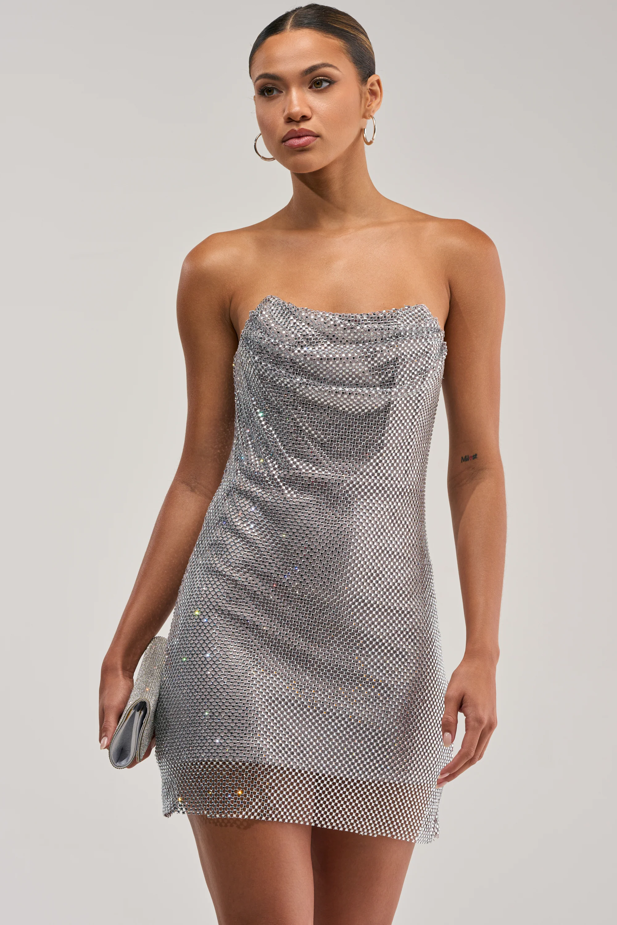 ELECTRIC AURA RHINESTONE STRAPLESS MINI DRESS IN SILVER - Akira Store