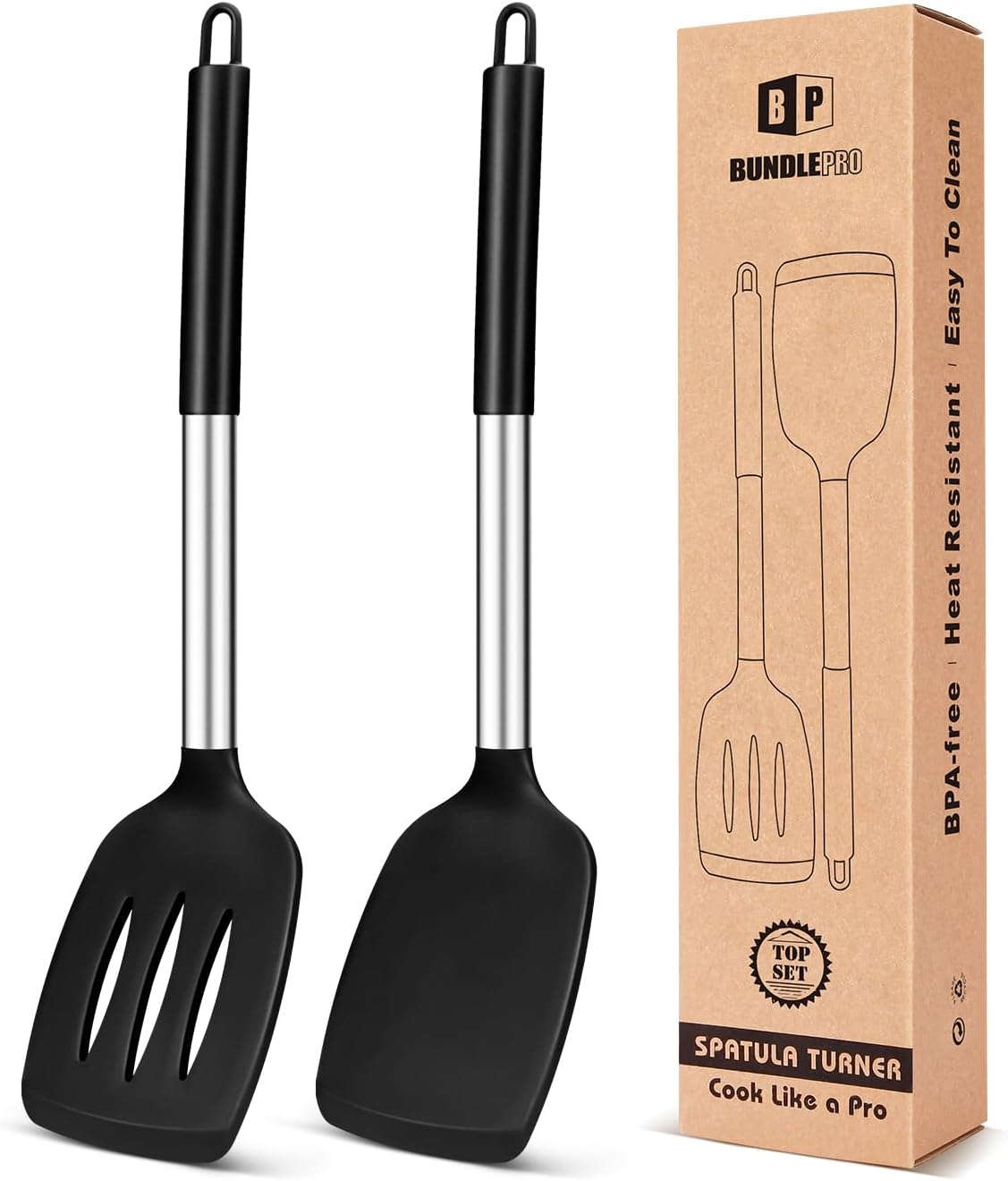 Pack of 2 Silicone Solid Turners, Non-Stick Slotted Kitchen Spatulas, High Heat Resistant BPA Free Cooking Utensils, Ideal Cookware for Fish, Eggs, Pancakes (Black)