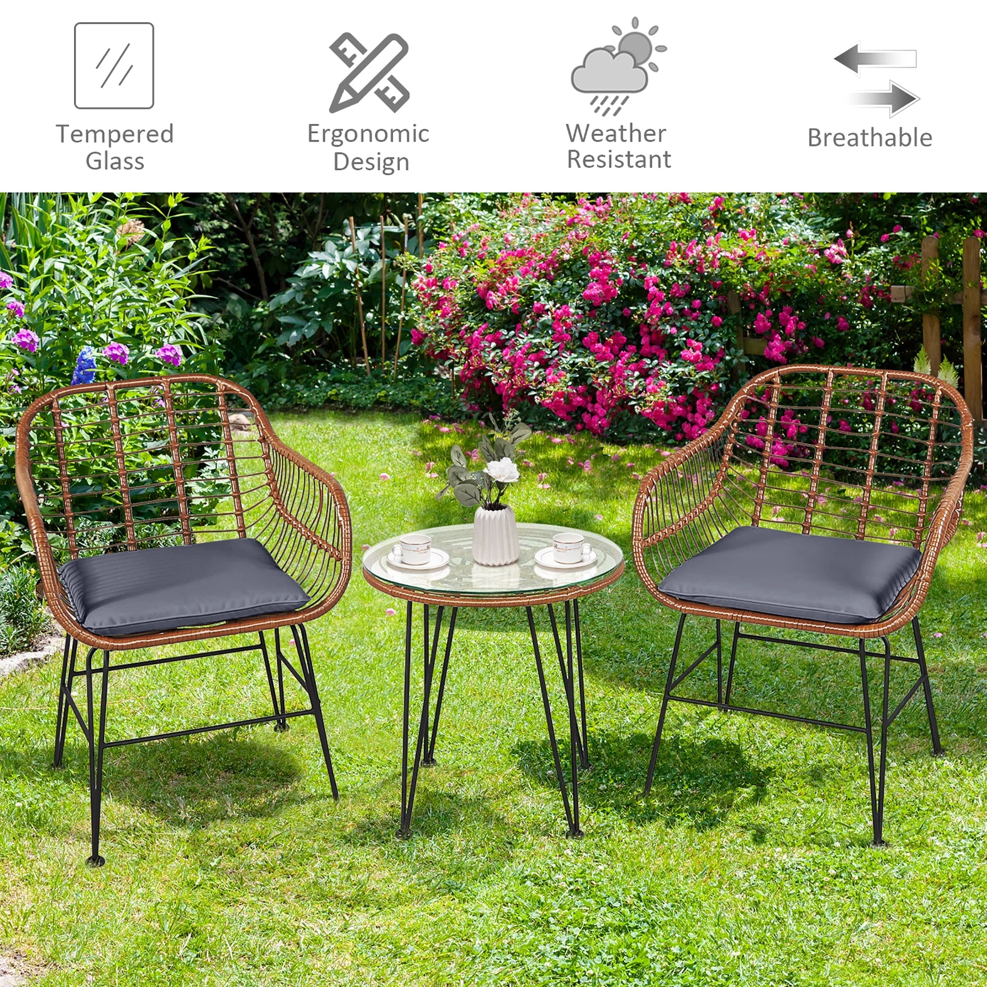 Costway 3PCS Patio Rattan Bistro Set Coffee Table Armchair Garden Red Cushion