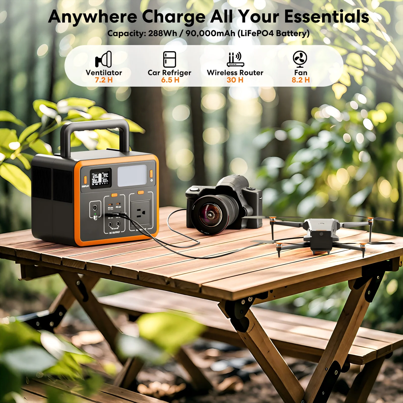 300W Portable Power Station, 288Wh 90000mAh portable solar generator with LED Light, Outdoor Solar Generator for Camping, RV, Home Backup, Emergency Power - Image 3