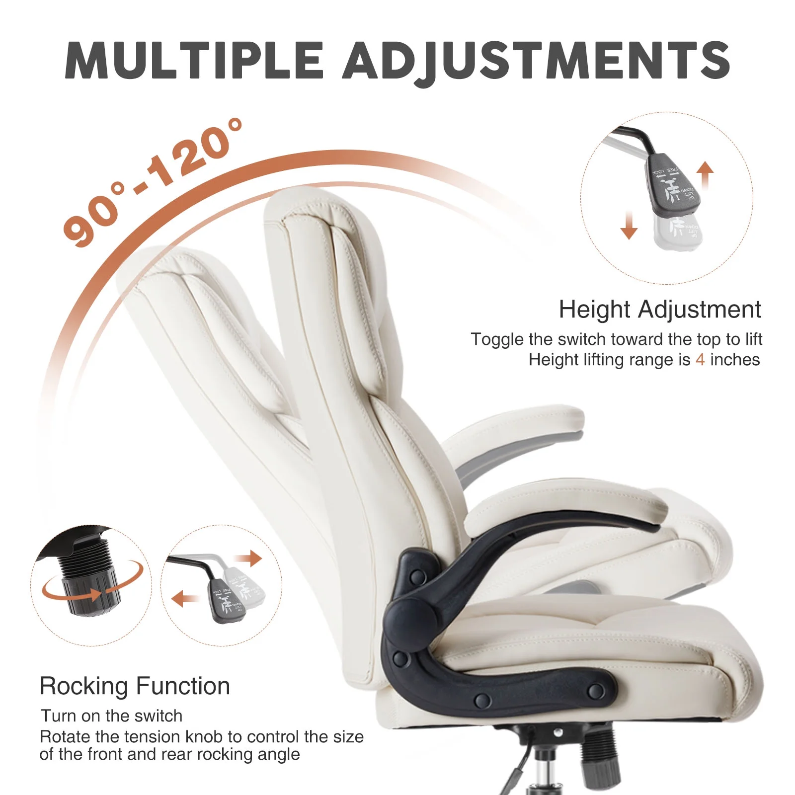 EverPick PU Leather Office Chair with Adjustable Flip-up Armrest,Adjustable Seat Height and Lumbar Support, Strong Metal Base - Cream(Flip-up Armrest/Cream)