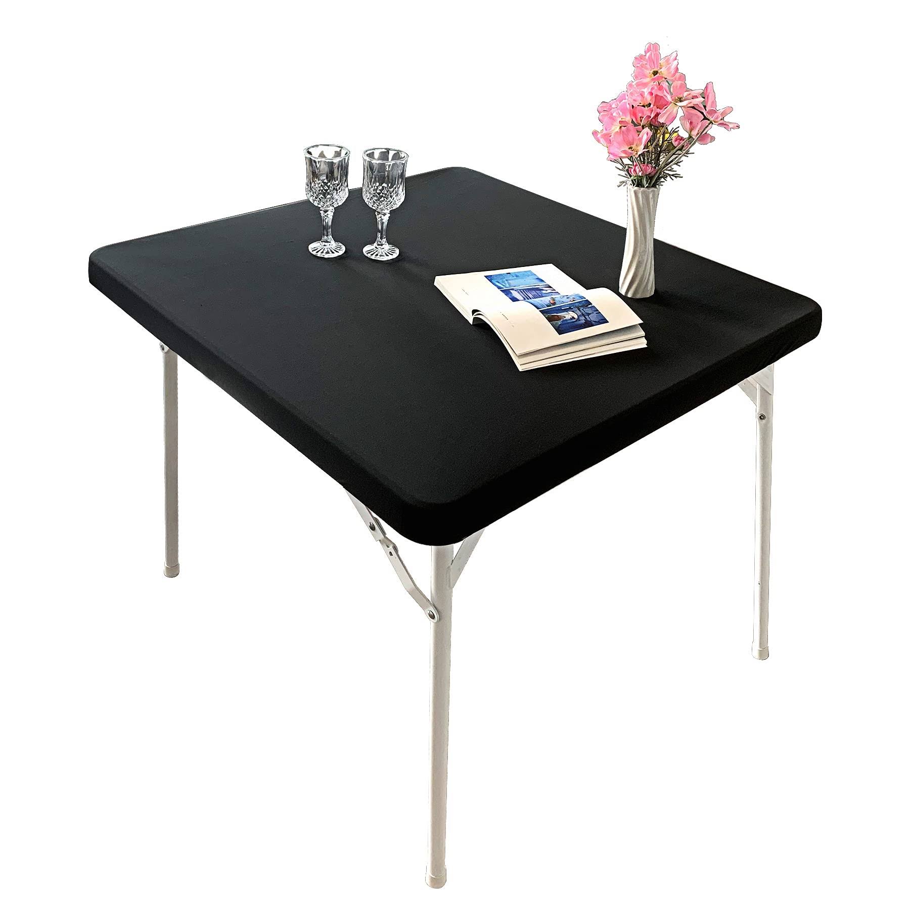 Monibana Cocktail Fitted Spandex Stretch Square Table Covers Caps Elastic Square Tablecloth Black Table Topper 34x34 inch