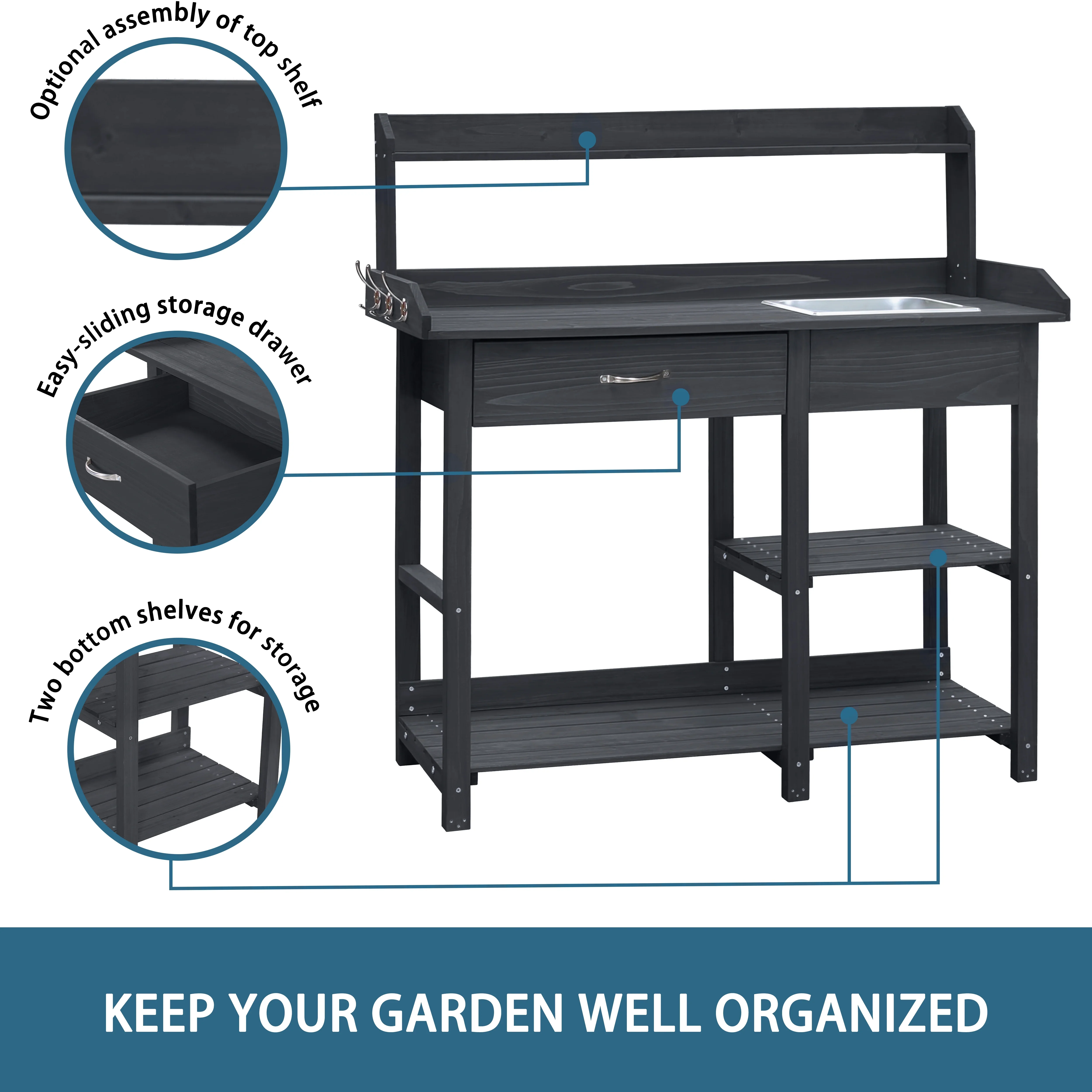 VEIKOUS Wood Potting Bench Garden Table w/ Removable Stainless Sink & Shelves, Natural