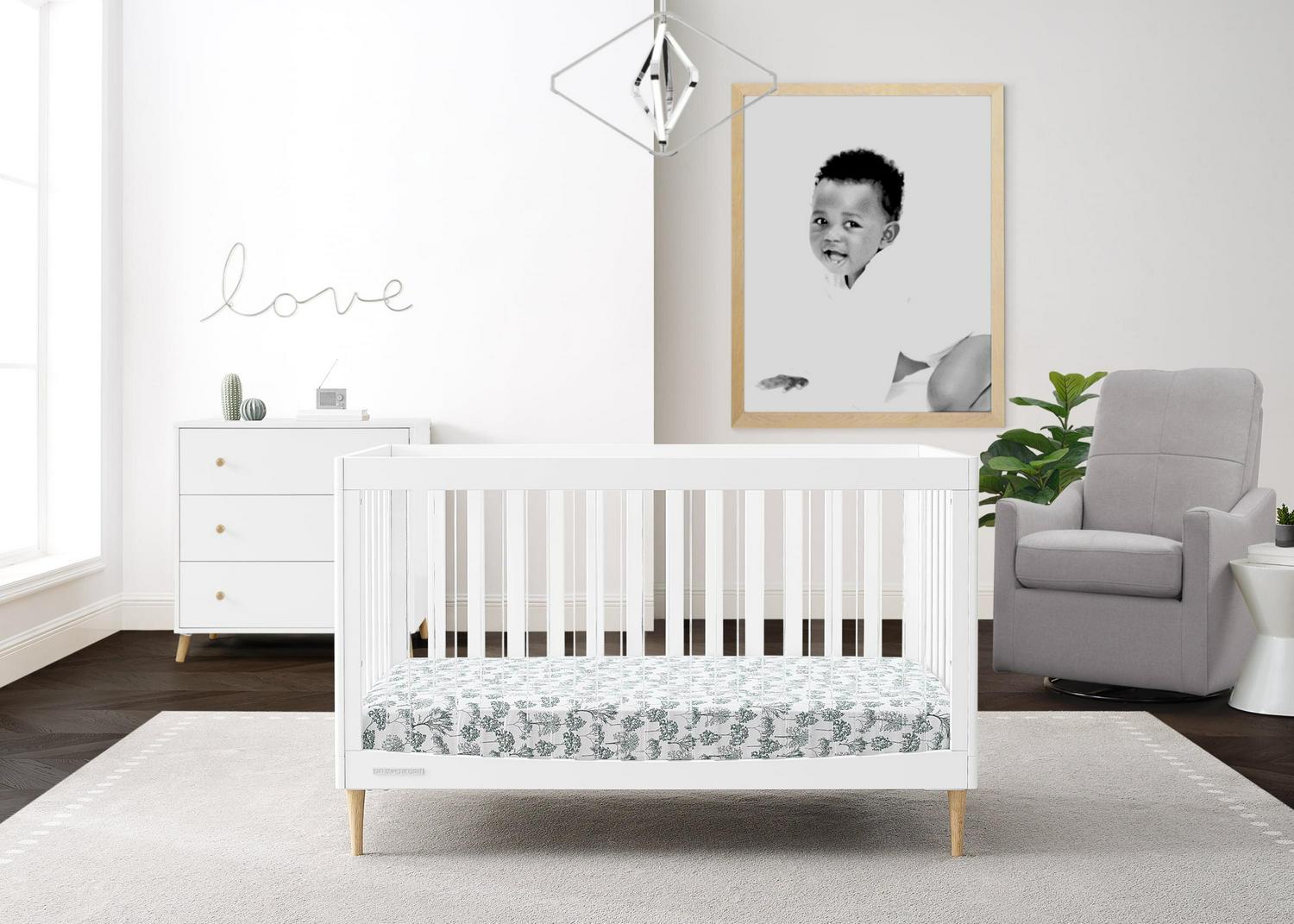 Delta Children Austin Acrylic 4 - in - 1 Convertible Baby Crib - Greenguard Gold Certified. Bianca White/Natural