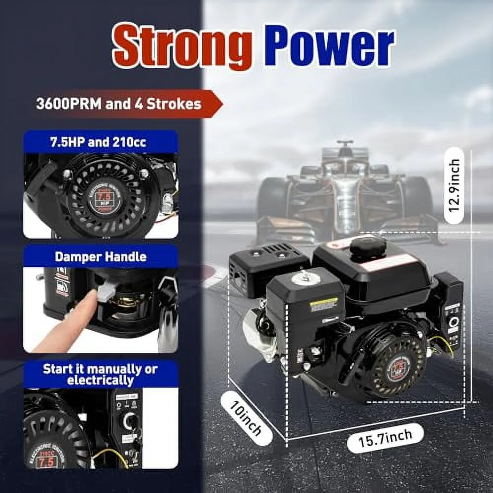 7.5HP Gas Powered Engine, 212CC 4 - Stroke Electric Start Motor, 3000W Go Kart Engine Motor, 3600RPM, OHV Design Motor for Mini Bike Go - Karts, Minibikes and Log - Splitter