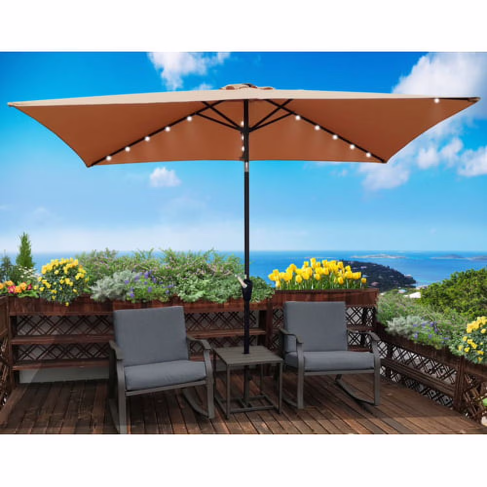 10 x 6.5 ft Outdoor Patio Umbrella, Rectangular Patio Solar LED Lighted Outdoor Umbrellas, Market Table Waterproof Umbrellas with Crank and Push Button Tilt for Garden Backyard Pool, Brown