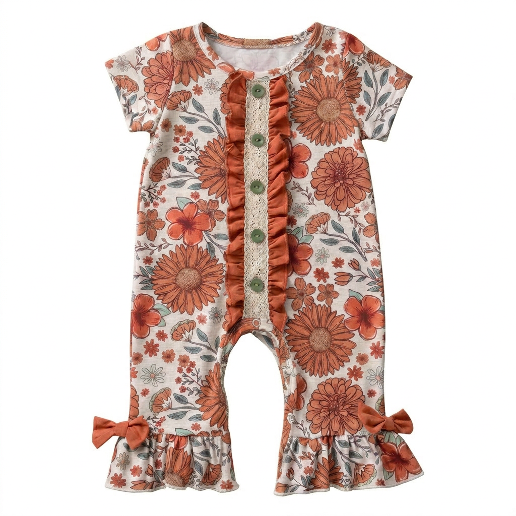 Cotton Cute Daisy Printed Romper Ruffle Bow Baby Girl Jumpsuit Bodysuit Beach Party Holiday Picnic