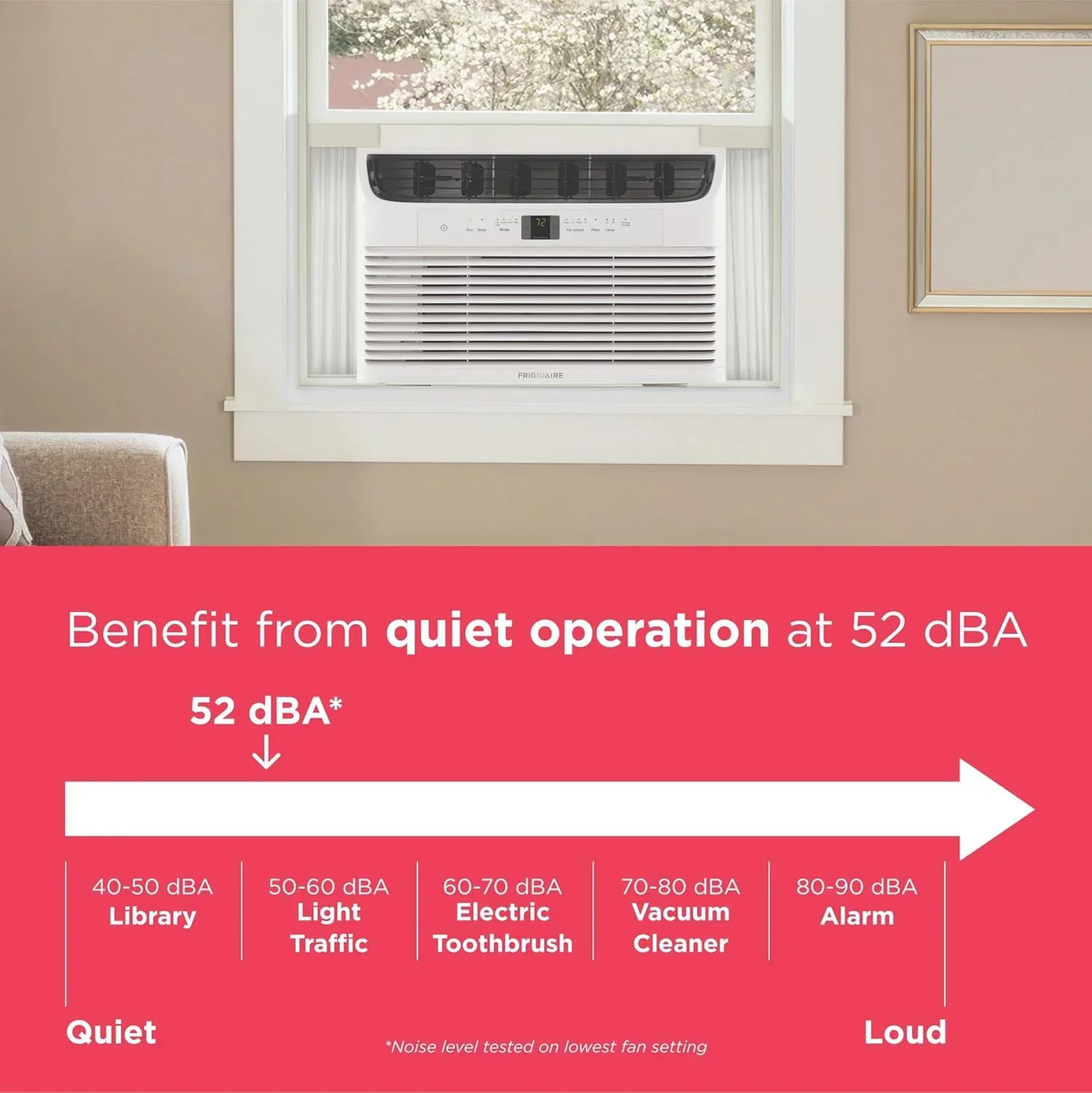 Climatiseur de fenêtre Frigidaire 5 000 BTU avec télécommande. Refroidit jusqu'à 150 pi². Fonctionnement silencieux.
