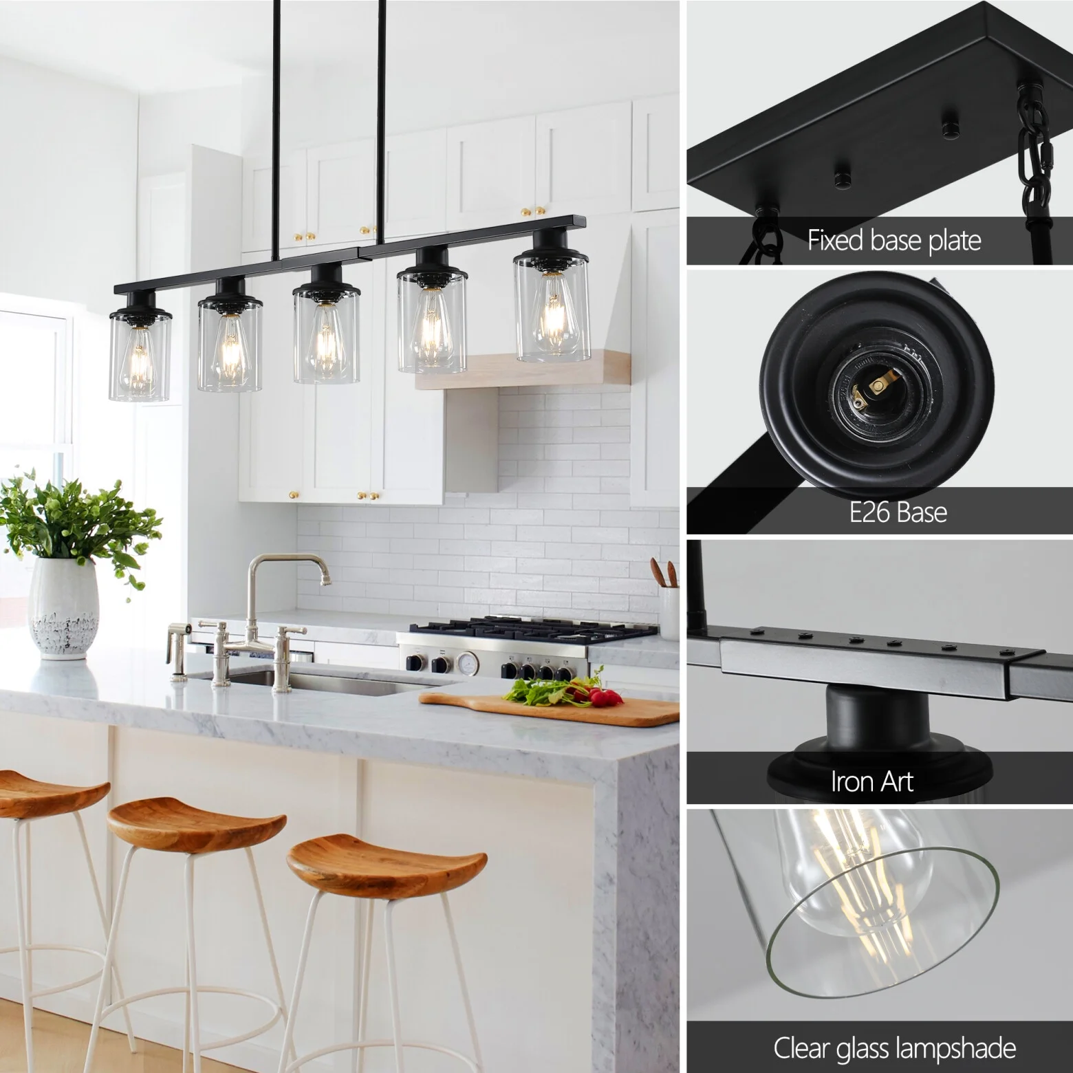 5-Light Kitchen Island Pendant Light, Farmhouse Industrial Chandeliers with Two Metal Rod Supports, Rectangular Island Lights for Kitchen, Living Room, Walnut/Black