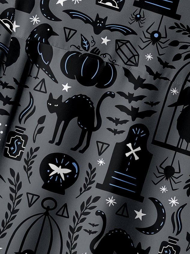 Chemise décontractée à manches courtes avec poche poitrine et chat d'Halloween