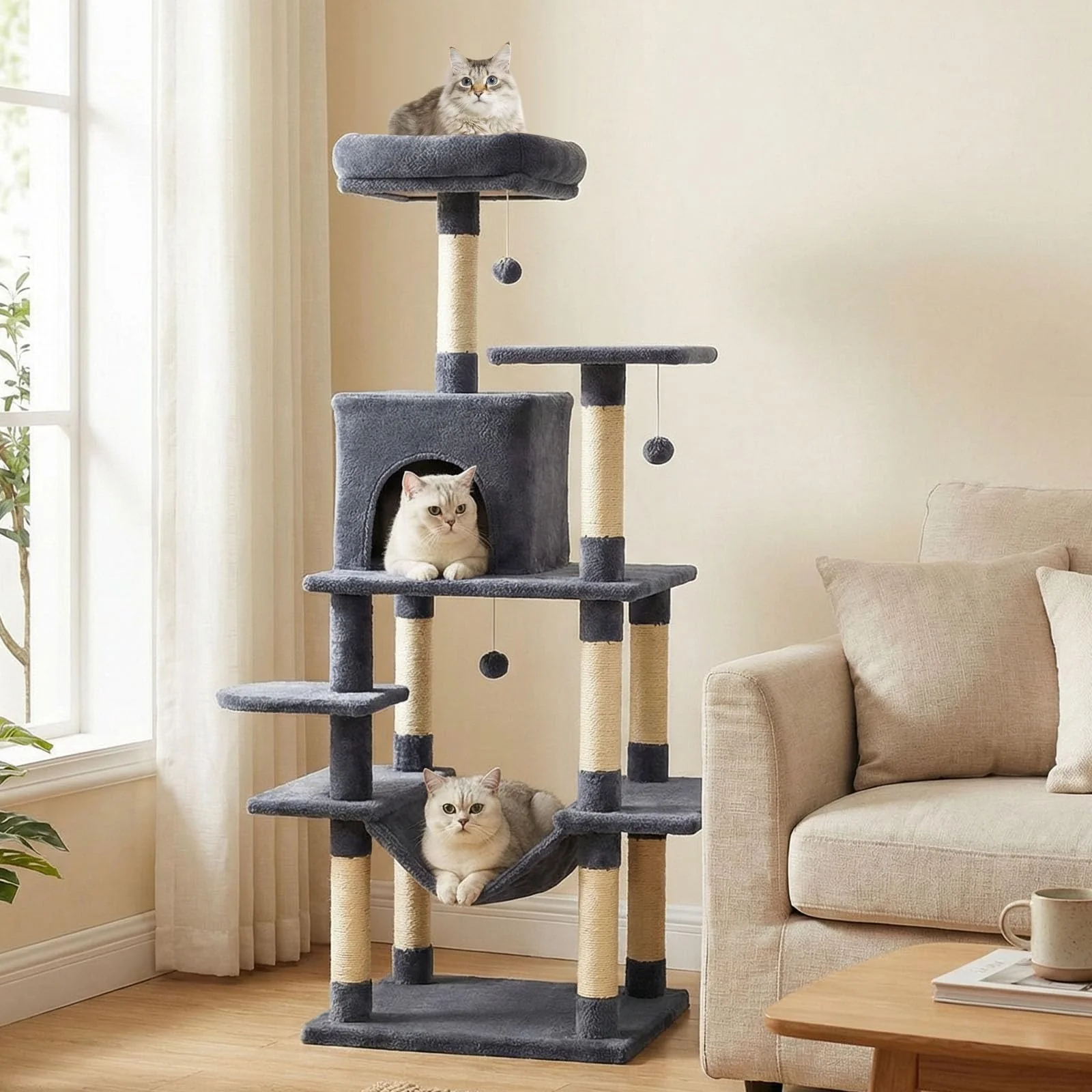 Tangkula 58 Inch Multi-Level Cat Tree Soft Plush Cat Tower with Padded Top Perch