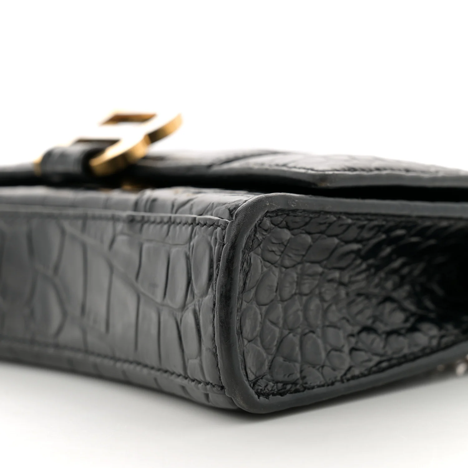 Shiny Calfskin Crocodile Embossed Hourglass Chain Bag Black