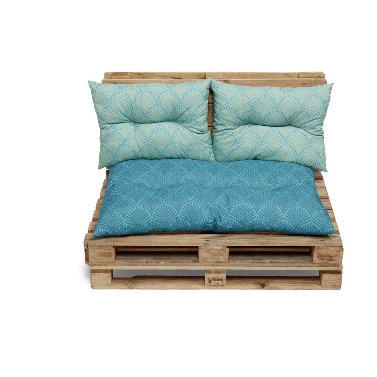 Coussin palette x3 polycoton bleu motif feuille de palmier