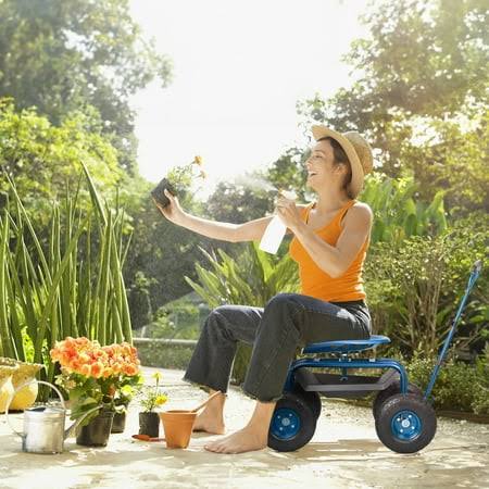 Bentism Rolling Garden Cart with Seat and Wheels Extendable Steer Handle Blue, Size: 760x450x960 mm/29.92 x 17.71 x 37.79 in