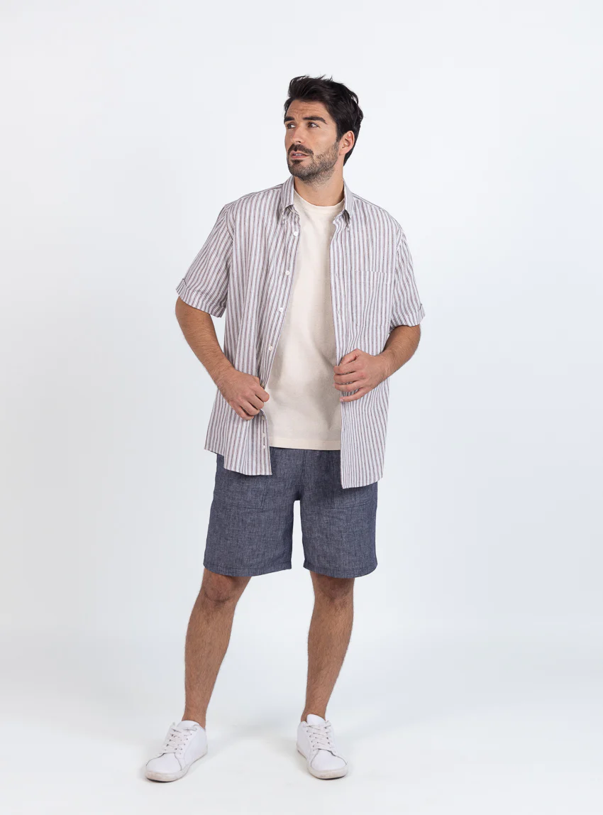Chemise estivale homme coton rayé marron