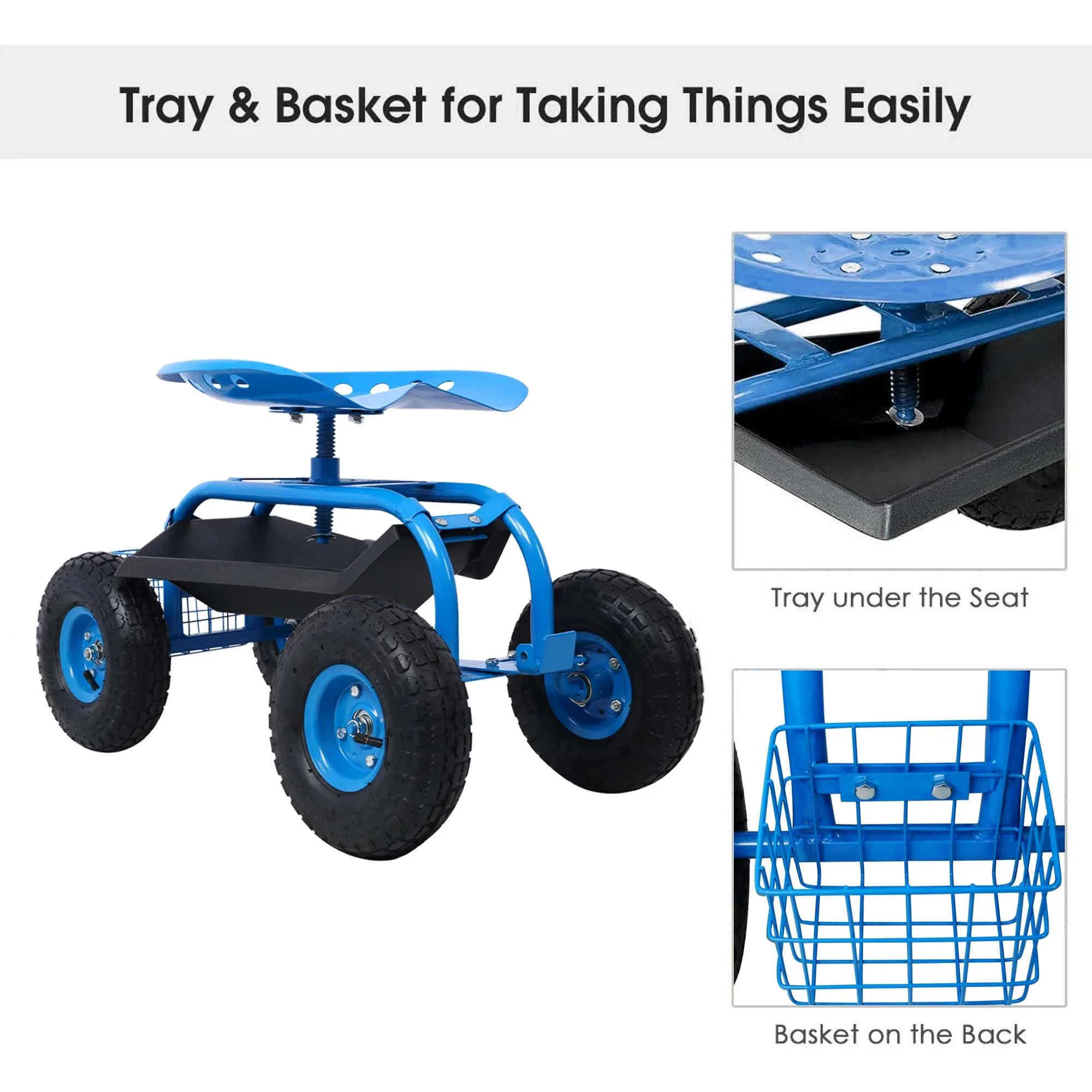 Aukfa Rolling Garden Cart Scooter with Swivel Seat, Wheels, and Tool Tray - Red