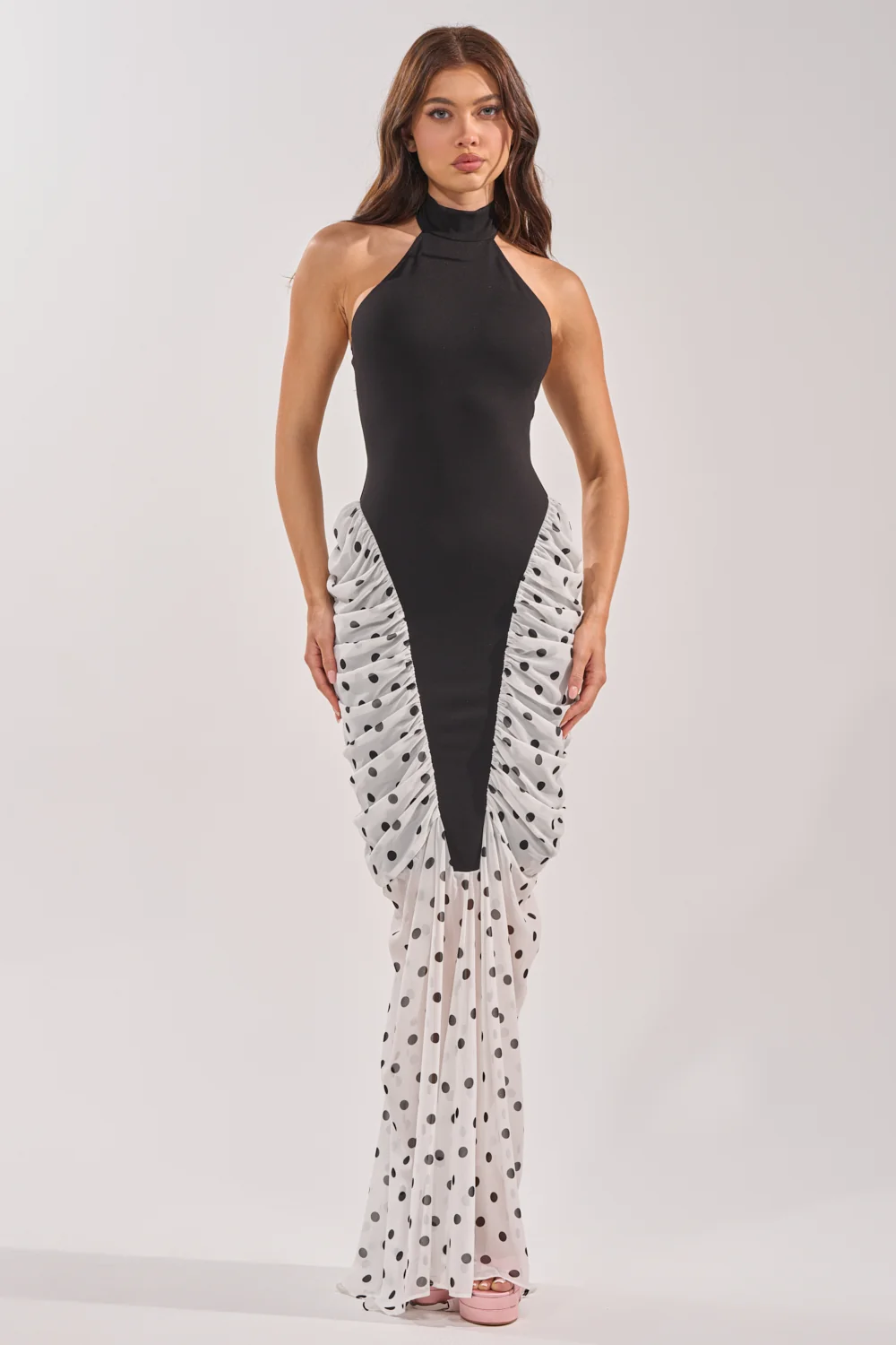 OUT FOR THE NIGHT MOCK NECK MAXI DRESS IN POLKA DOT - Akira Store