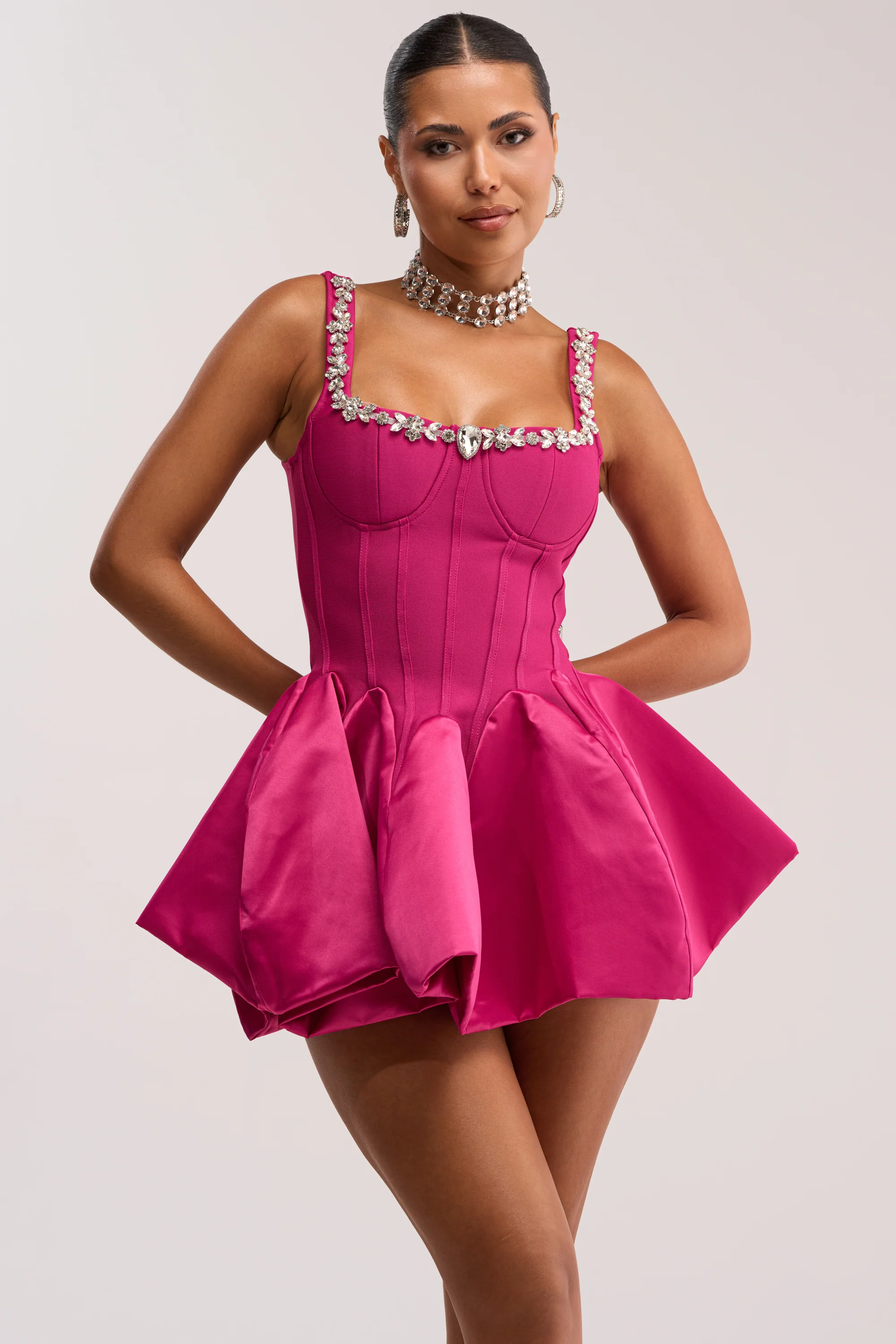 SHIMMER FRAME RHINESTONE MINI DRESS IN PINK - Akira Store