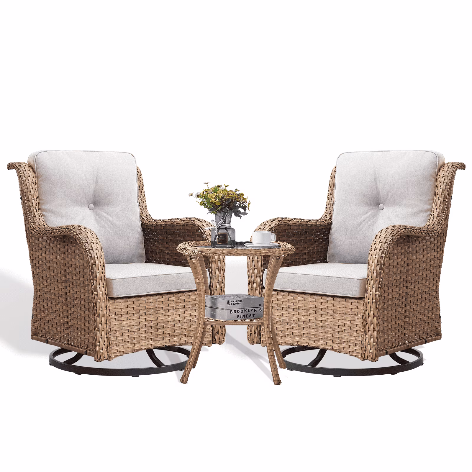 3 Piece Patio Set Outdoor Wicker Glider Rocking and Swivel Chairs with Cushions(Yellow/Beige)