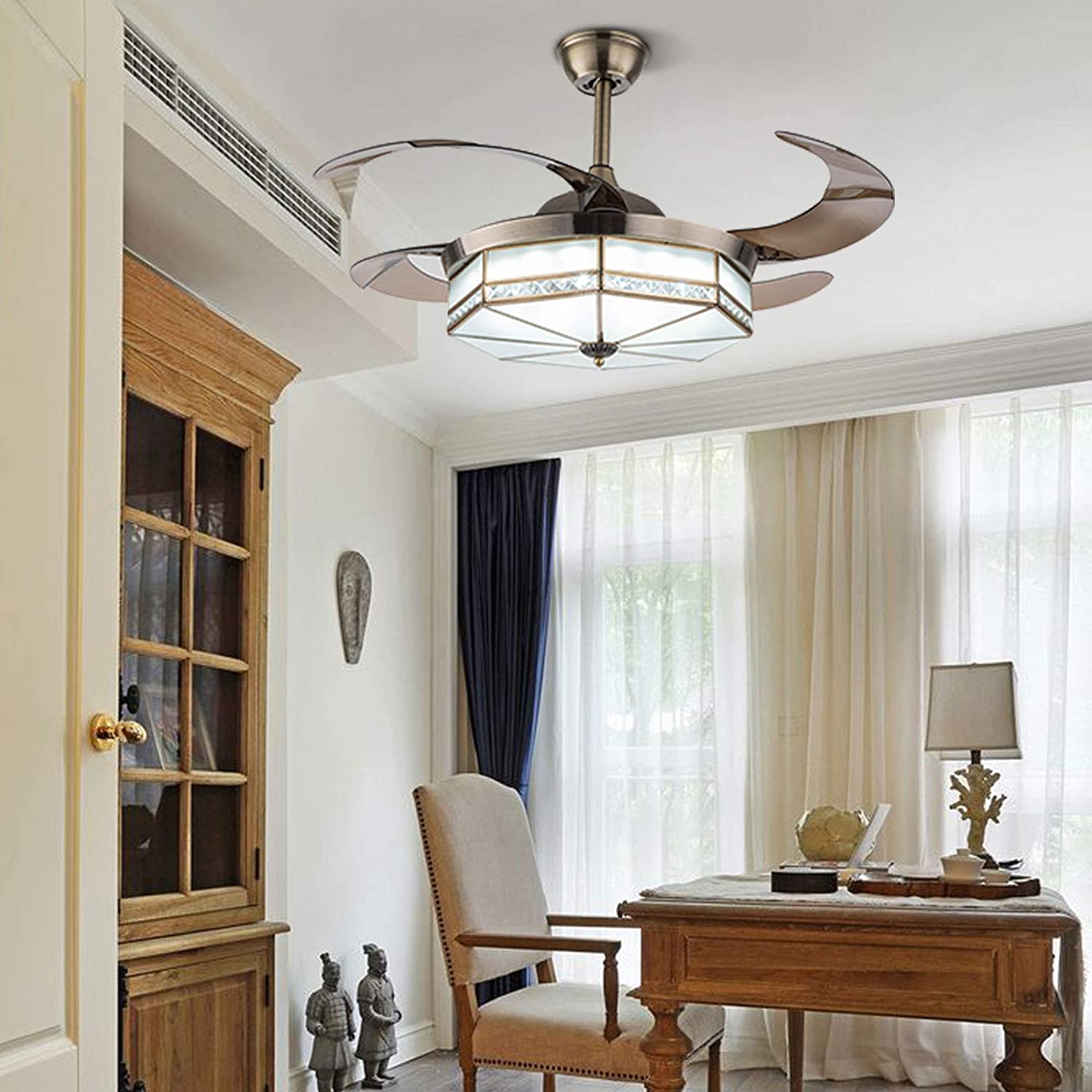 42" Retractable Chandelier Fan Painted Style Ceiling Fan with Light and Remote Control White Chandelier Fan Lamp 3 Speed Chic Crystal Ceiling Fan Lamp 3 Color Chandelier Living Room Decor