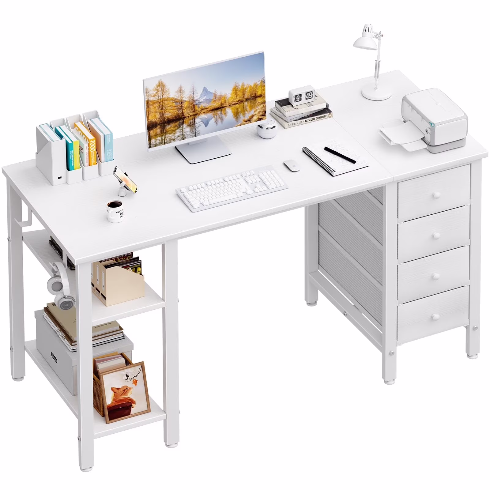 Lufeiya White Desk with Drawers & Storage Shelves, 47 in Study Work Writing Desk for Home Office Bedroom, Simple Modern Cute PC Computer Desks Table, White