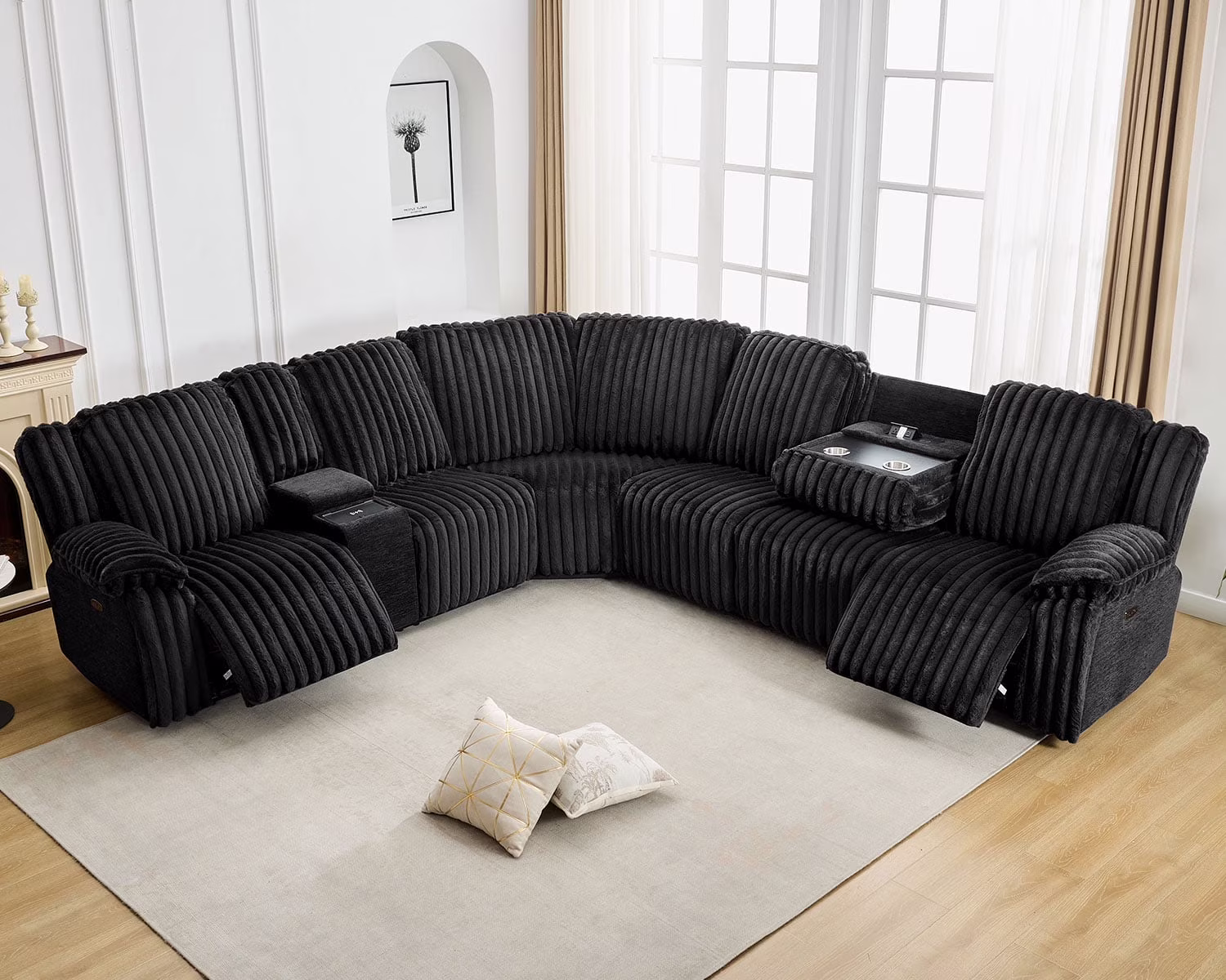 Power Reclining Sectional Sofa with Wireless Charger, 6 - Seater Faux Fur Sectional with Recliners, Hidden Cup Holders, Storage Console, USB & Type - C Ports, Black