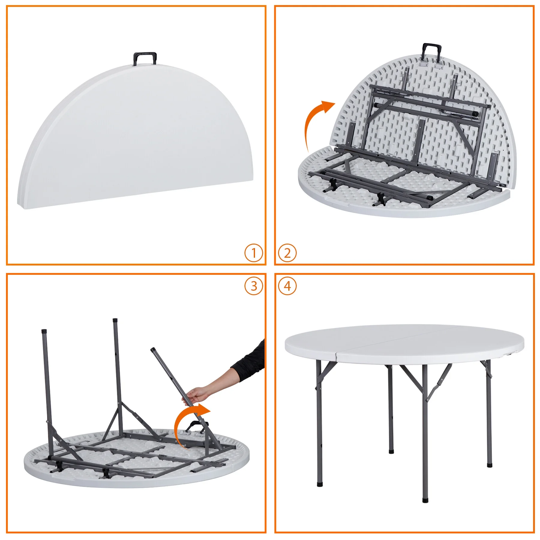 48" Round Bi-Folding Plastic Table Metal Legs Portable Dining Table with Handle Indoor Outdoor, White - Image 5