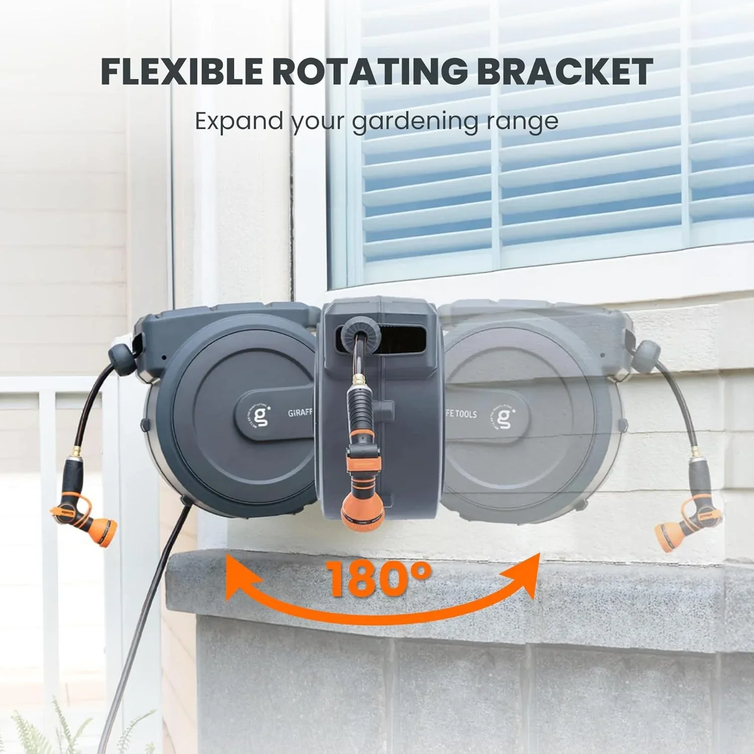 Giraffe Tools Retractable Garden Hose Reel with 1/2in-100ft Water Hose, Plastic Bracket, Wall Mounted, Dark Grey