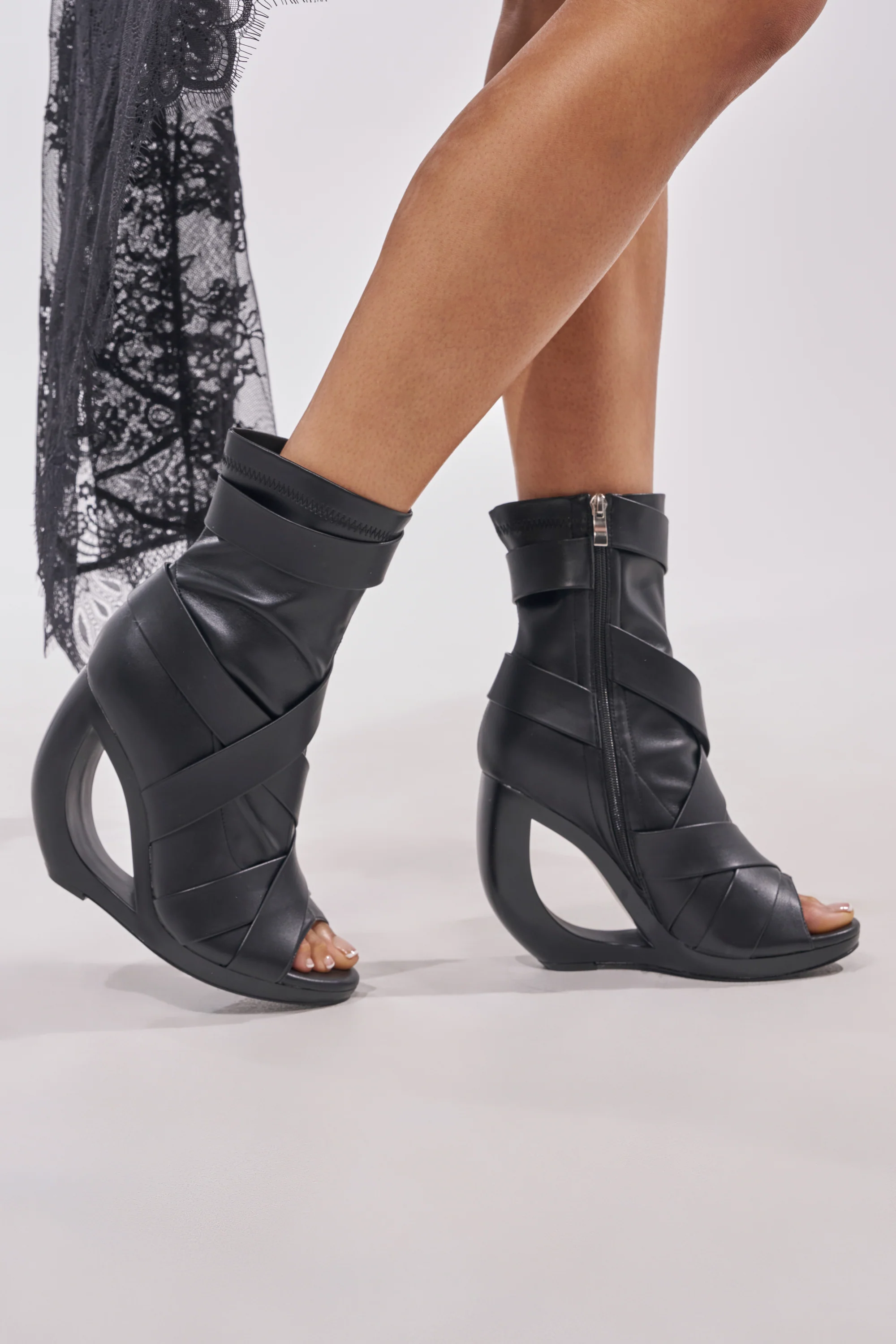 AZALEA WANG IGNITE BLACK WEDGE OPEN TOE BOOTIE WITH BELTING DETAIL - Akira Store