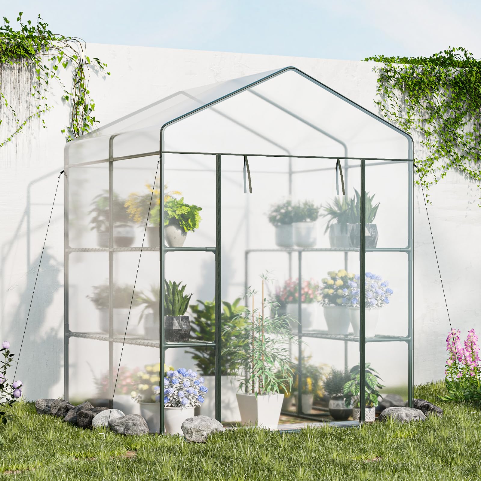 Portable Mini Walk-in Greenhouse with 3 Tiers 8 Shelves, PVC Cover, Roll-Up Zippered Door & Heavy-Duty Metal Frame for Indoor Outdoor Garden Yard