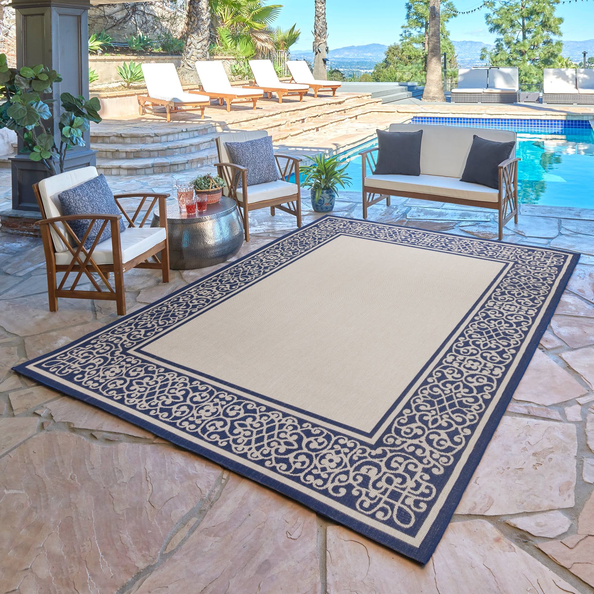Gertmenian Paseo 6 x 10 Sand Navy Indoor/Outdoor Border Area Rug | 19577