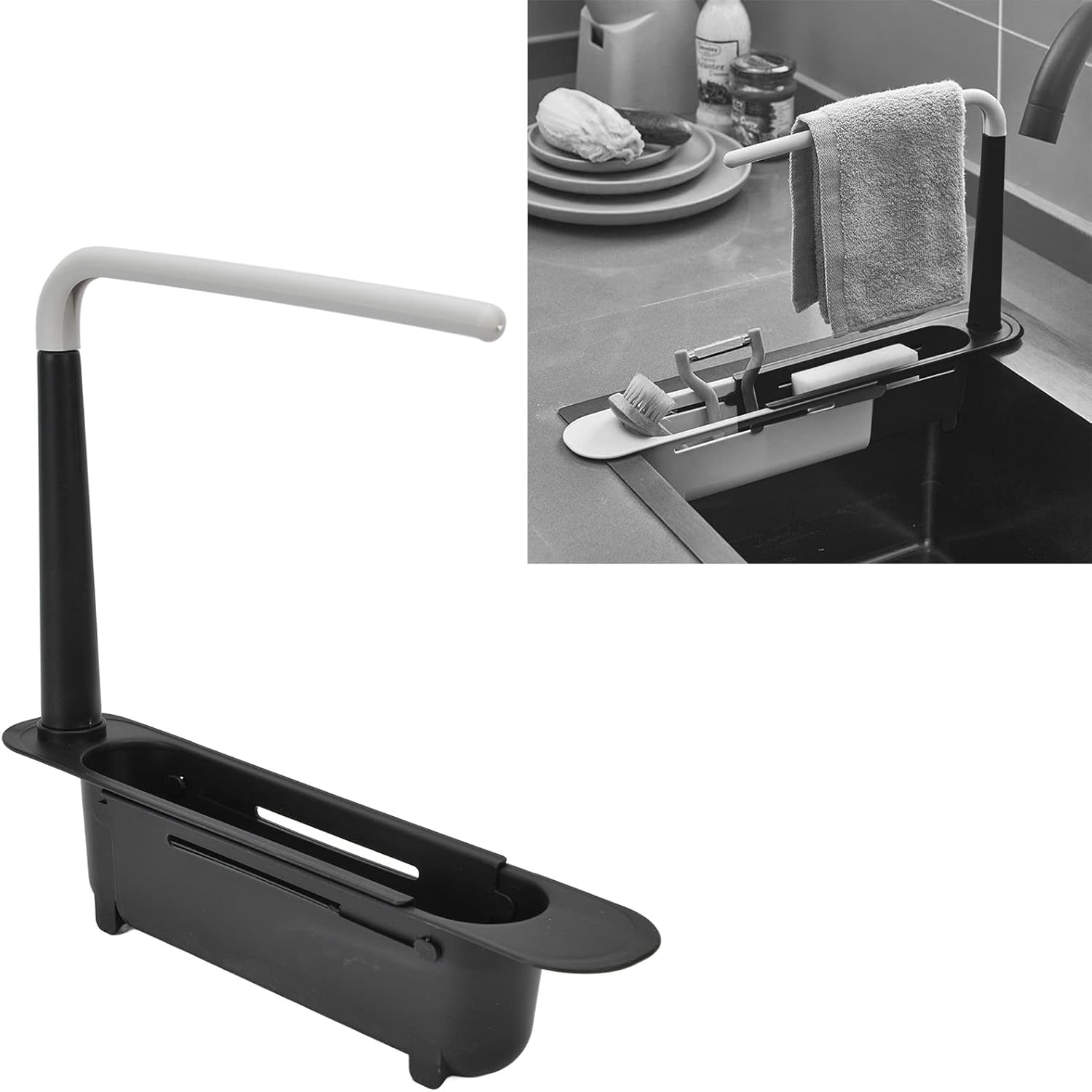 Zerodis Telescopic Sink Storage Rack, Telescopic 2in1 Sink Expandable Storage Drain Basket Towel Rack Under Sink Organizers Telescopic Sponge Soap Holder for Kitchen Sink (Black)