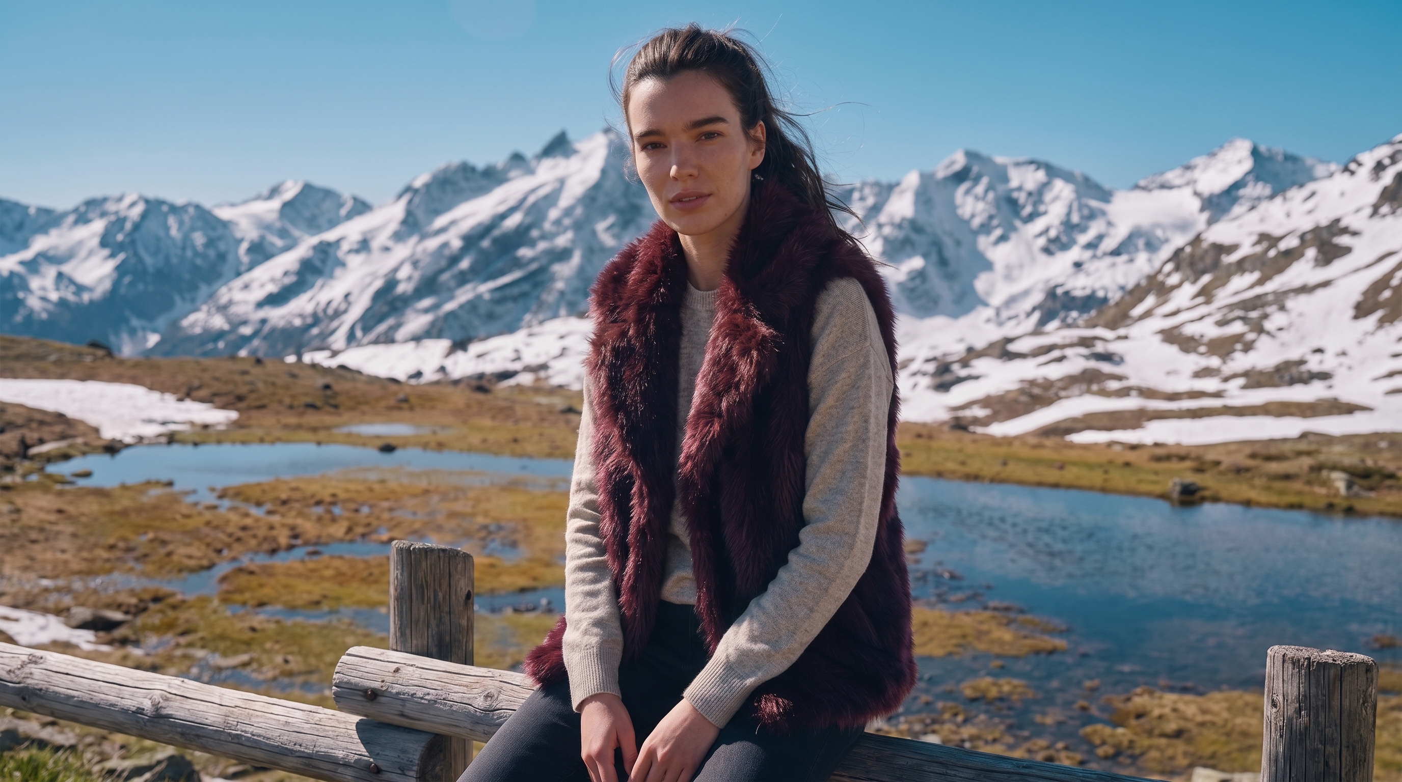 Woman styling a burgundy faux fur vest beside a snowy mountain lake