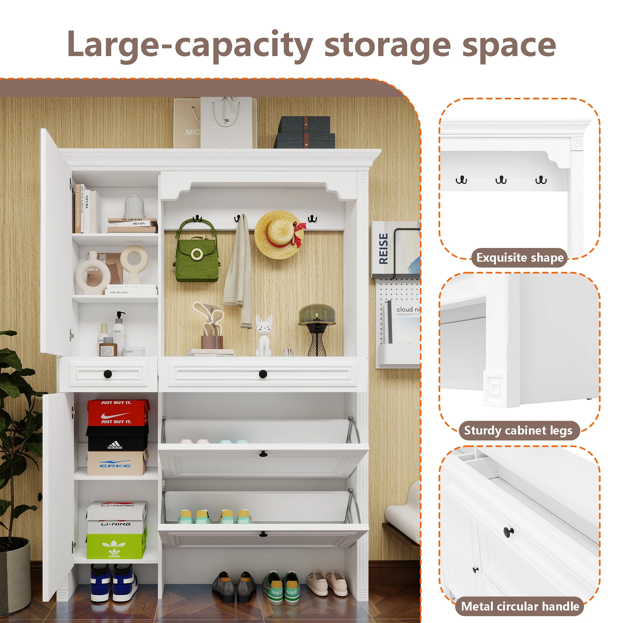 Entryway Bench with Coat Rack,4-in-1 Design Hall Tree with 2 Doors and 2 Drawers,Mirrored Cabinet Door,Shoe Cabinet Storage for Entryway,Living Room,White