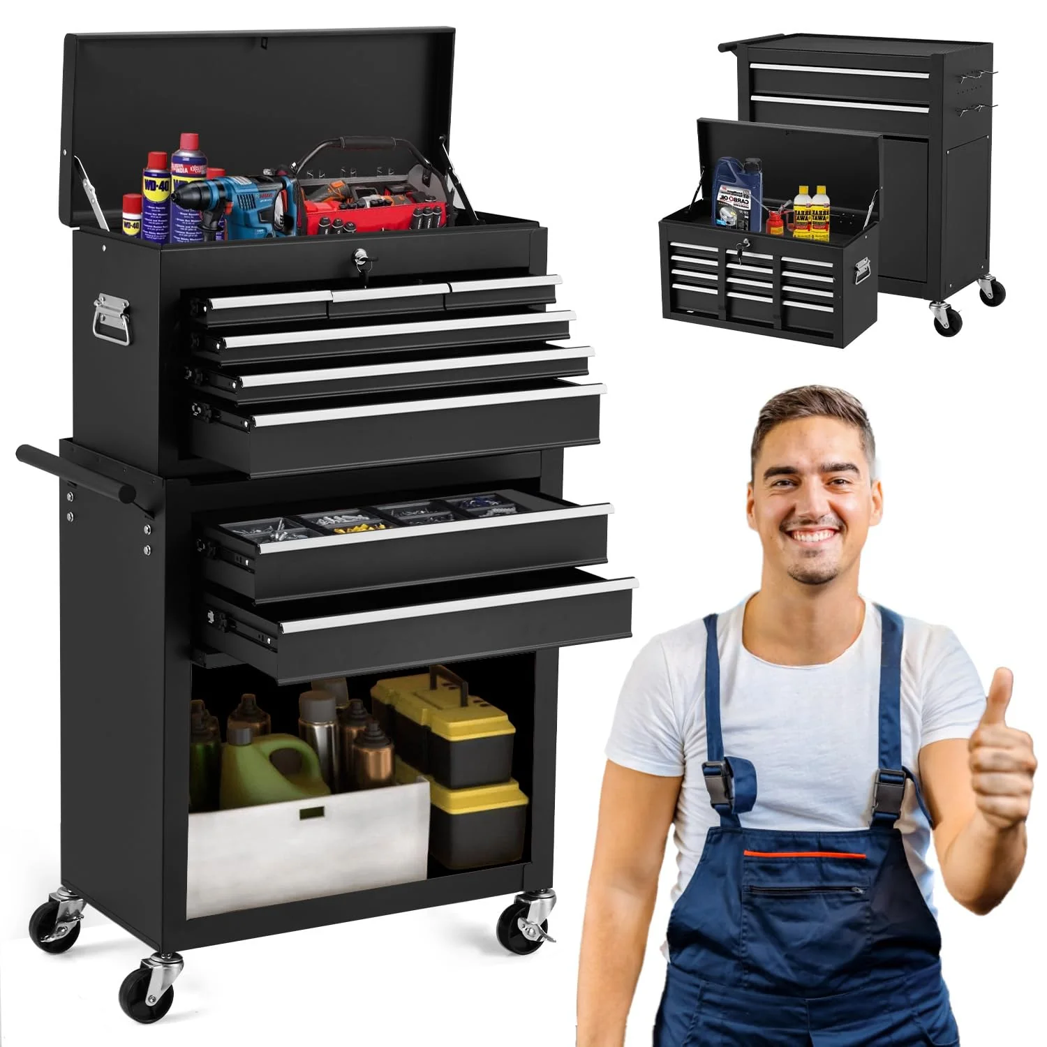 AECOJOY Rolling Tool Chest with Wheels and  8 Drawers, Detachable Metal Tool Box with Drawers