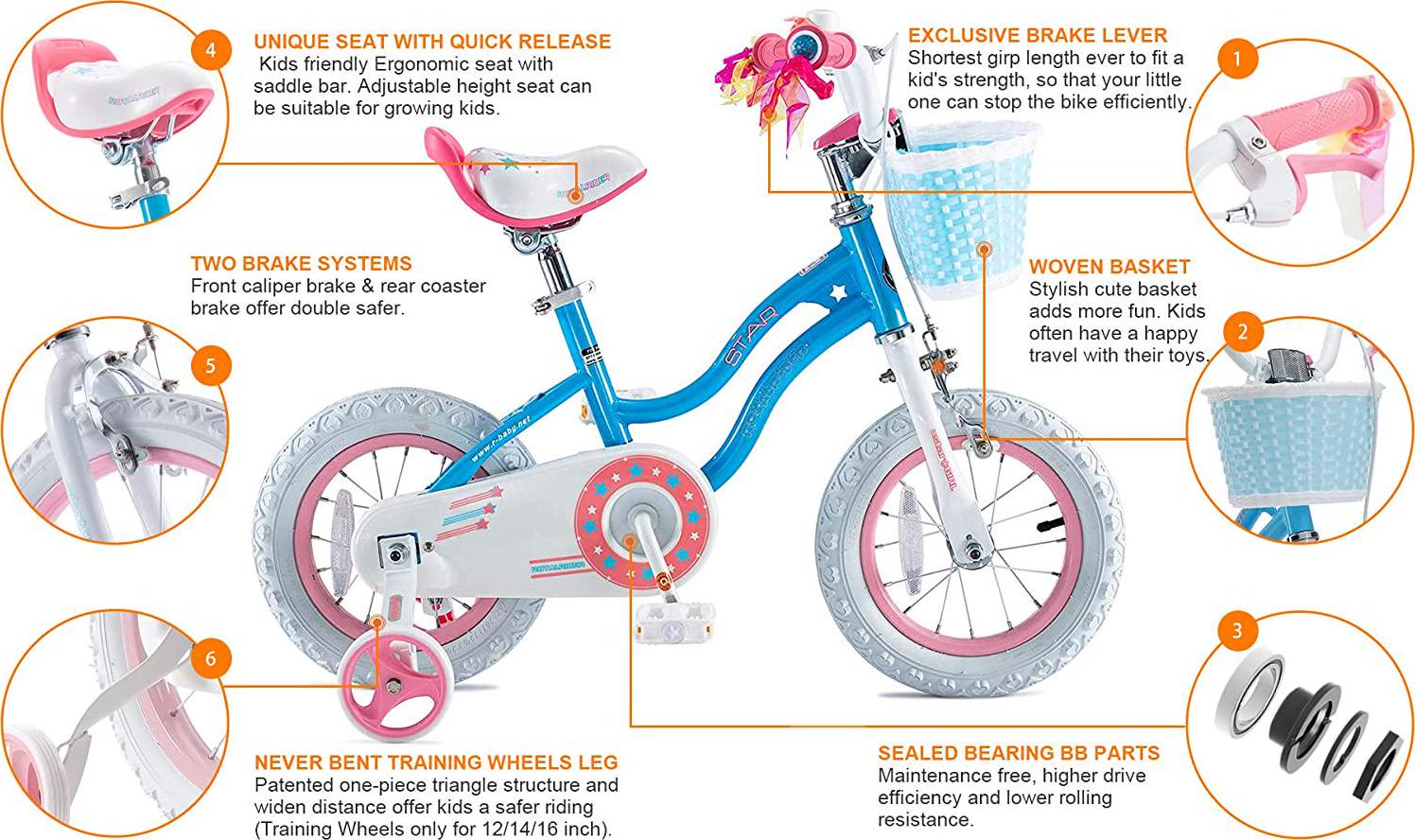 Royalbaby Girls Kids Bike Star Girl 16 In. Bicycle Basket Training Wheels Kickstand Blue Child - S Cycle