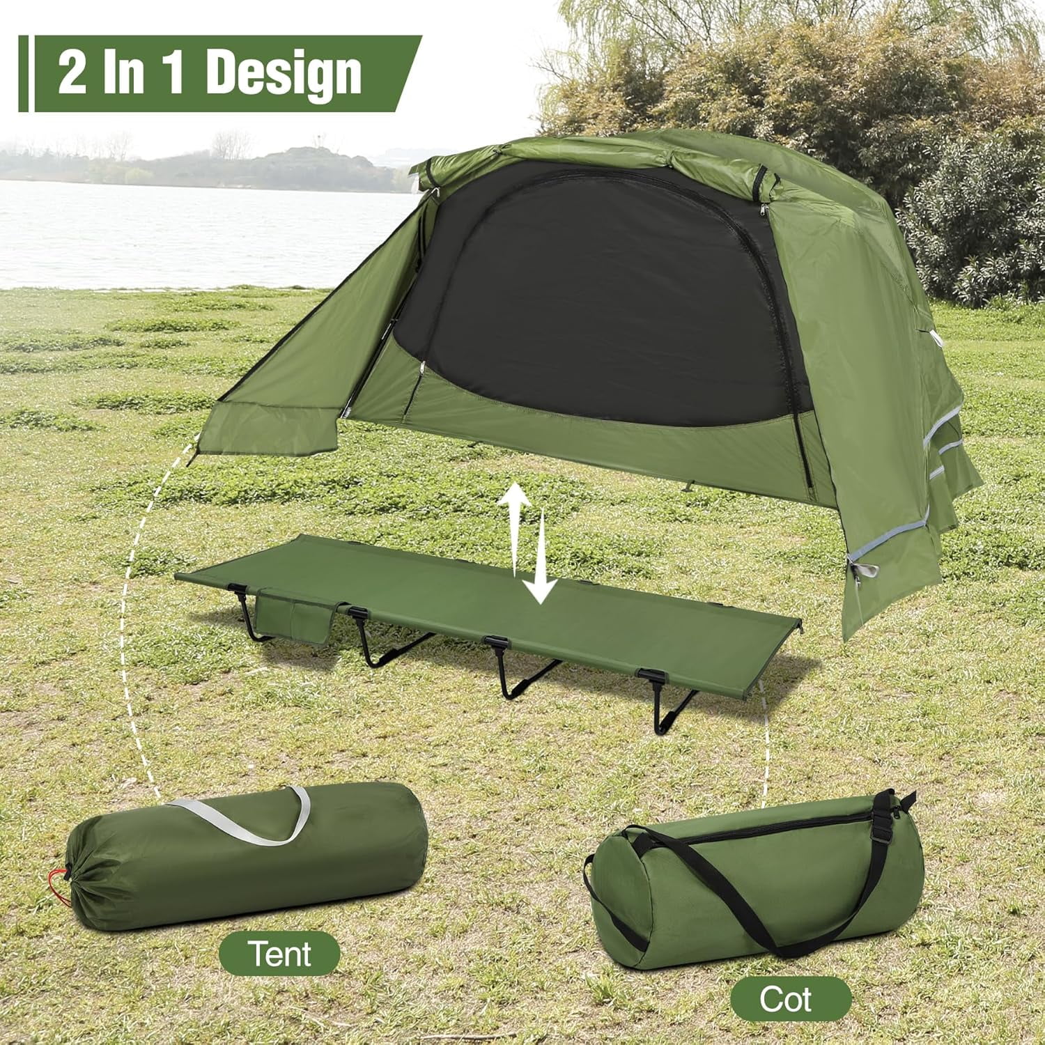 1 Person Camping Cot Tent for Adults, Waterproof Elevated Tent with Cot for Trip, Picnic, 75"x28"x48", Army Green - Image 3