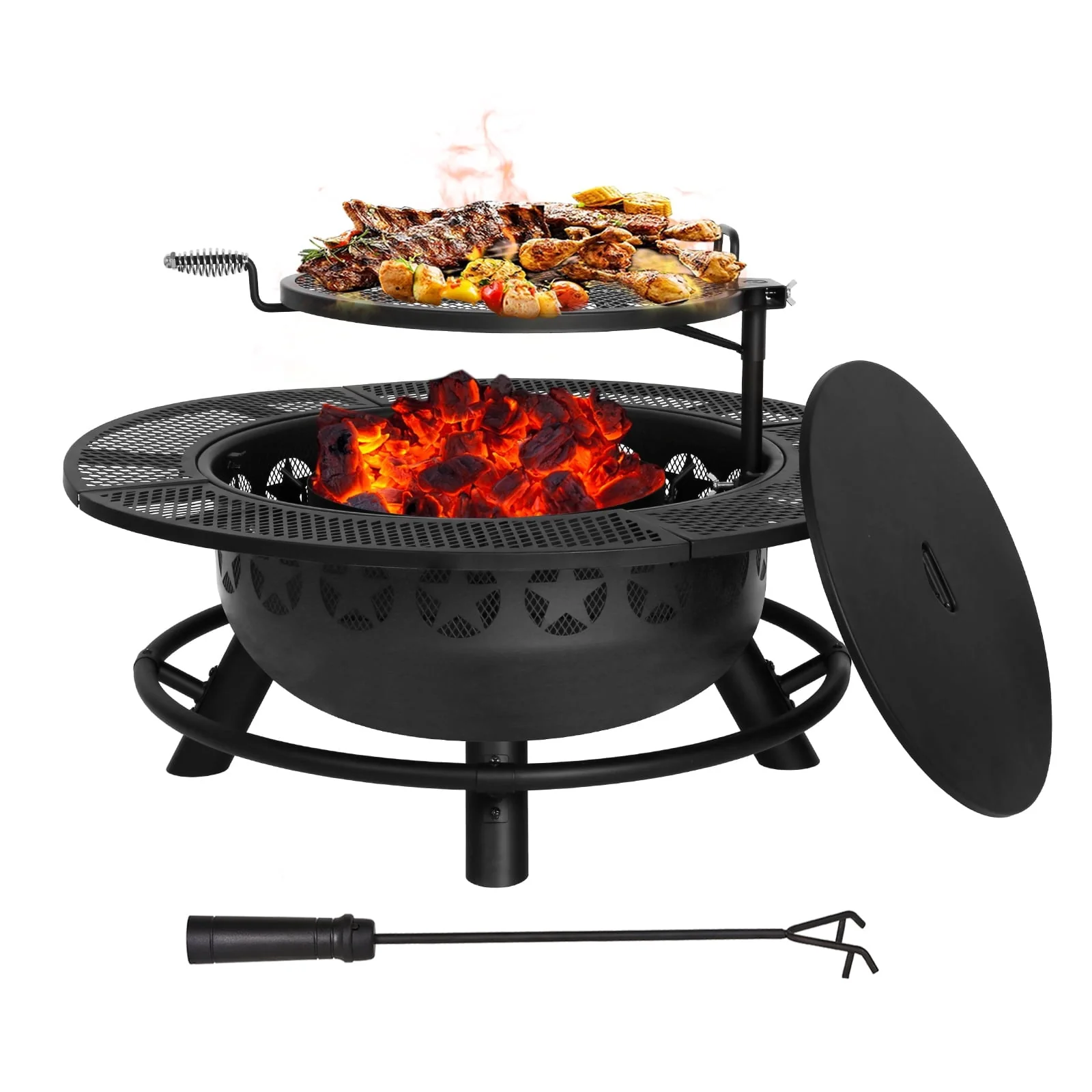 Hykolity 35 in Fire Pit with Cooking Grate & Charcoal Pan, Outdoor Wood Burning BBQ Grill Firepit Bowl with Cover Lid, Steel Round Table for Backyard Bonfire Patio Picnic