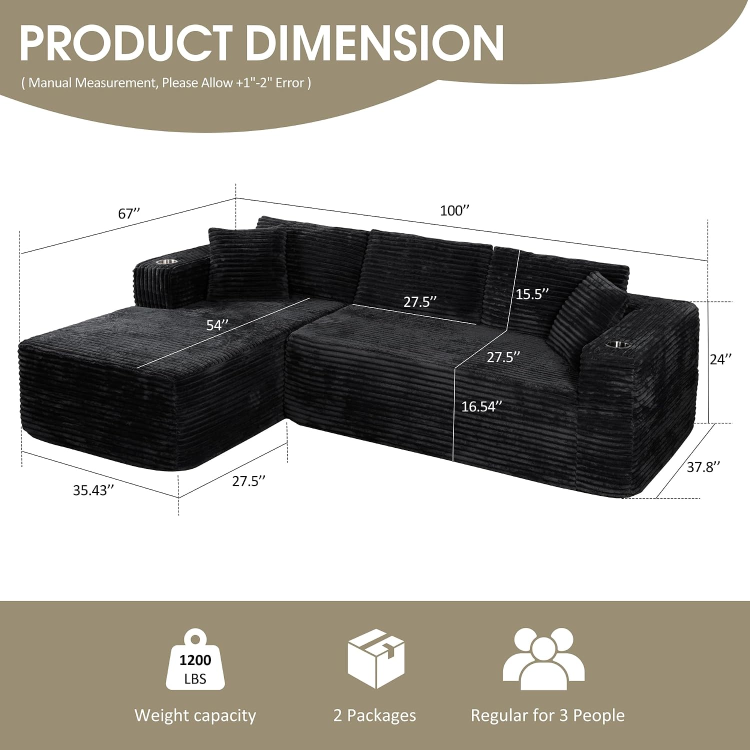 Cloud Sectional Boneless Couches for Living Room, Modular Sectional Sofa with 2 Cup Holders, Memory Foam Cloud Couch with L-Shaped Oversized Chaise, No Assembly Needed Plush Corduroy Sofa, Black