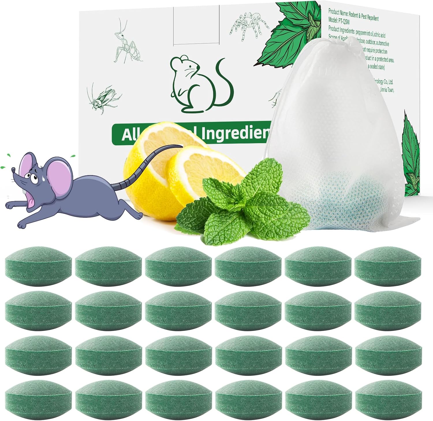 Pest Rodent Repellent, 24 Pack Peppermint Oil Repellent for Mouse Rats Spider Roach Ant Squirrel Pest Control Indoor & Outdoor, Natural Mice Deterrent Replaces Traps & Poisons, Safe for Family & Pets, Eco-Friendly
