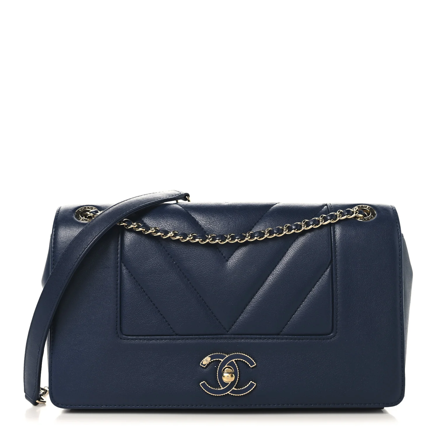 Sheepskin Chevron Quilted Medium Vintage Mademoiselle Flap Navy