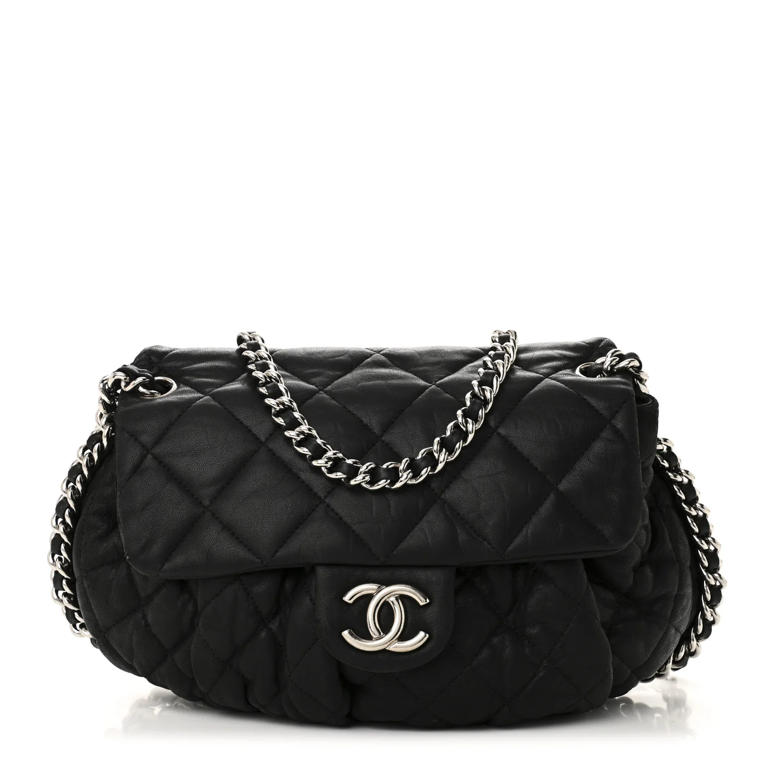 Washed Lambskin Quilted Medium Chain Around Messenger Black
