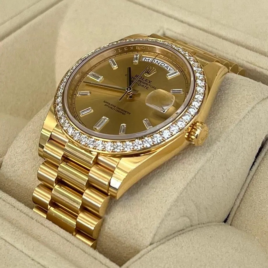 [Super Clone]RLX Day-Date 40mm Champagne Diamond Dial and Bezel Yellow Gold President Bracelet 228348RBR-0002