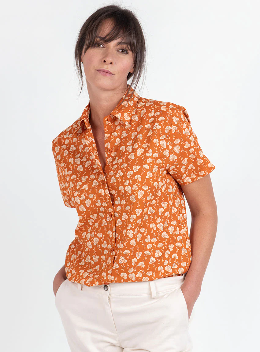 Chemisier en coton rayé imprimé orange ocre